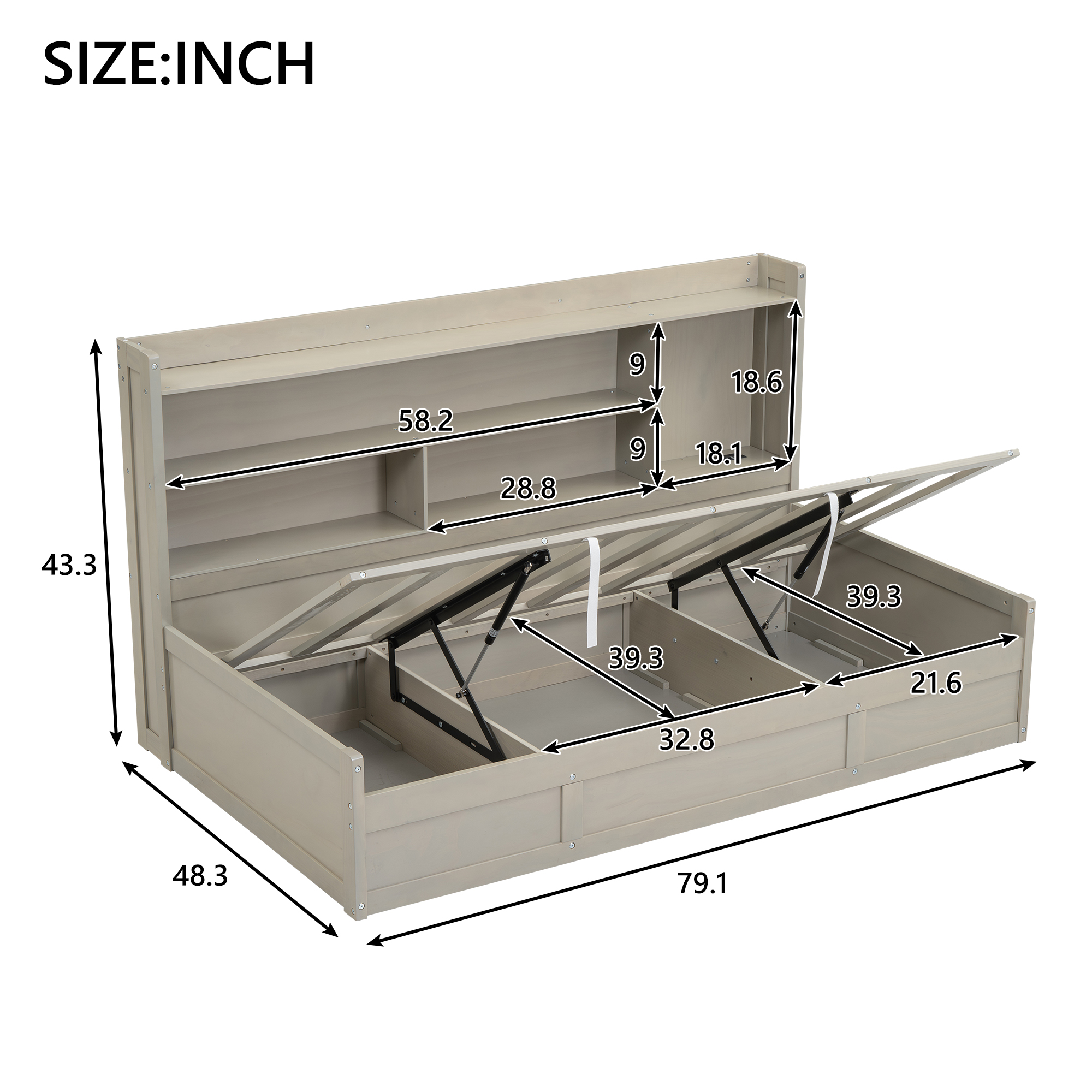 Twin Size Daybed Frame with Storage Bookcases and Underneath Storage, USB Charging Station, White/Gray 