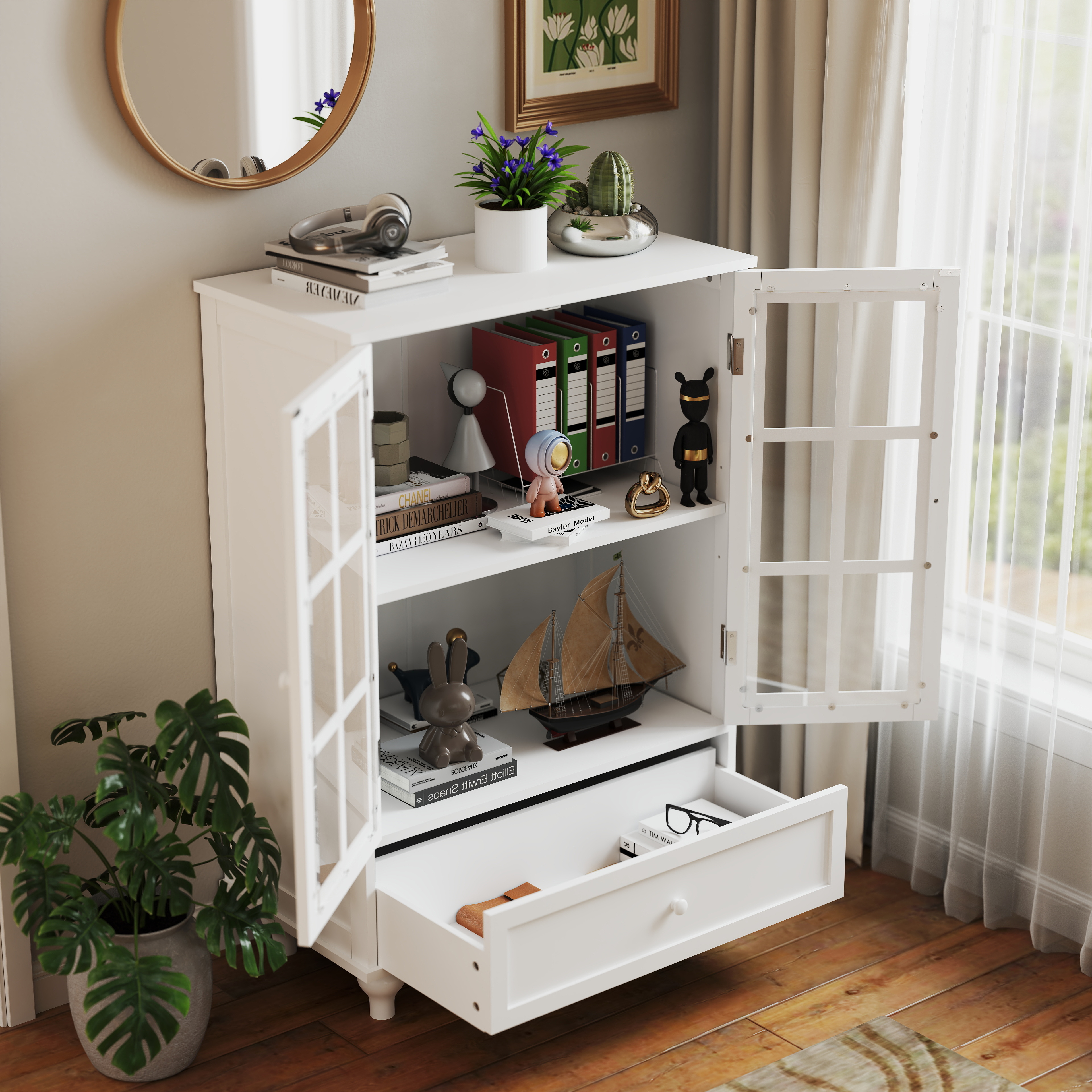 Minimalist White Buffet Cabinet with Double Glass Doors and Drawer, Modern Wooden Storage Sideboard Cupboard for Living room, Dining Room Hallway Entryway 