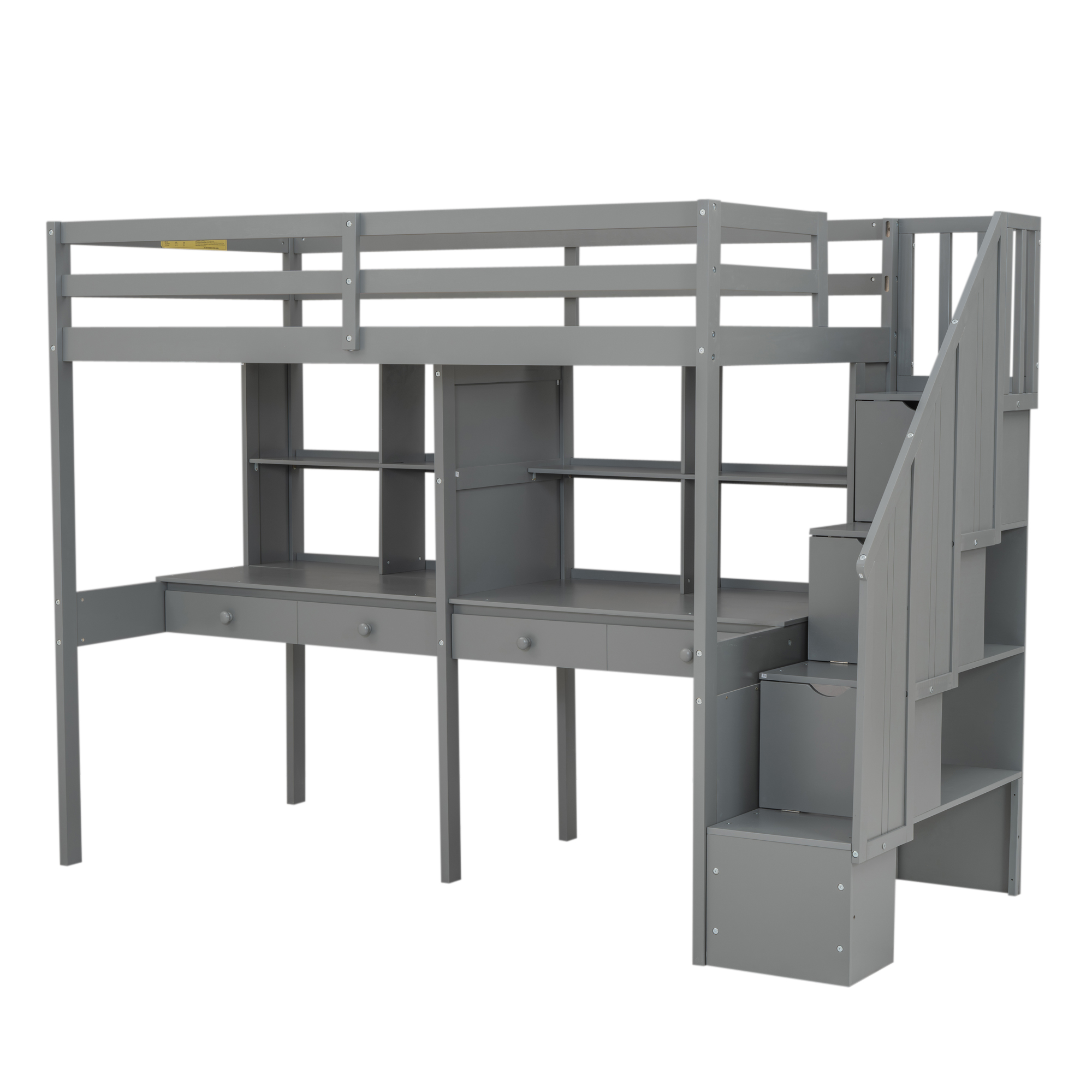 Twin Size Loft Bed Frame with Storage Staircase and Double Desks and Shelves,Gray/White