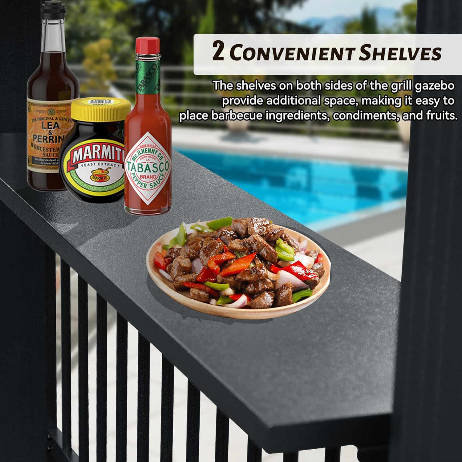 Hardtop Grill Gazebo, Outdoor BBQ Gazebo with 2 Side Shelves and Sloping Galvanized Steel Roof, Metal Permanent Grill Canopy with Ceiling Hooks for Patio, Lawn, Backyard, Deck