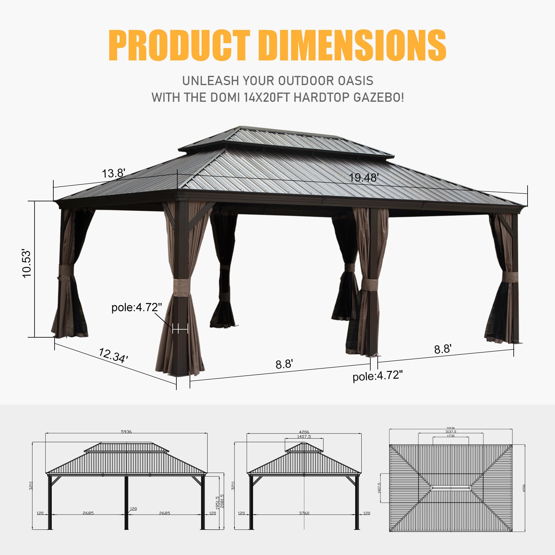 Outdoor Living 14x20FT Hardtop Gazebo, Permanent Metal Gazebo with Galvanized Steel Double Roof and Aluminum Frame, Curtain and Netting, Large Pavilion Gazebo for Patio Deck Garden