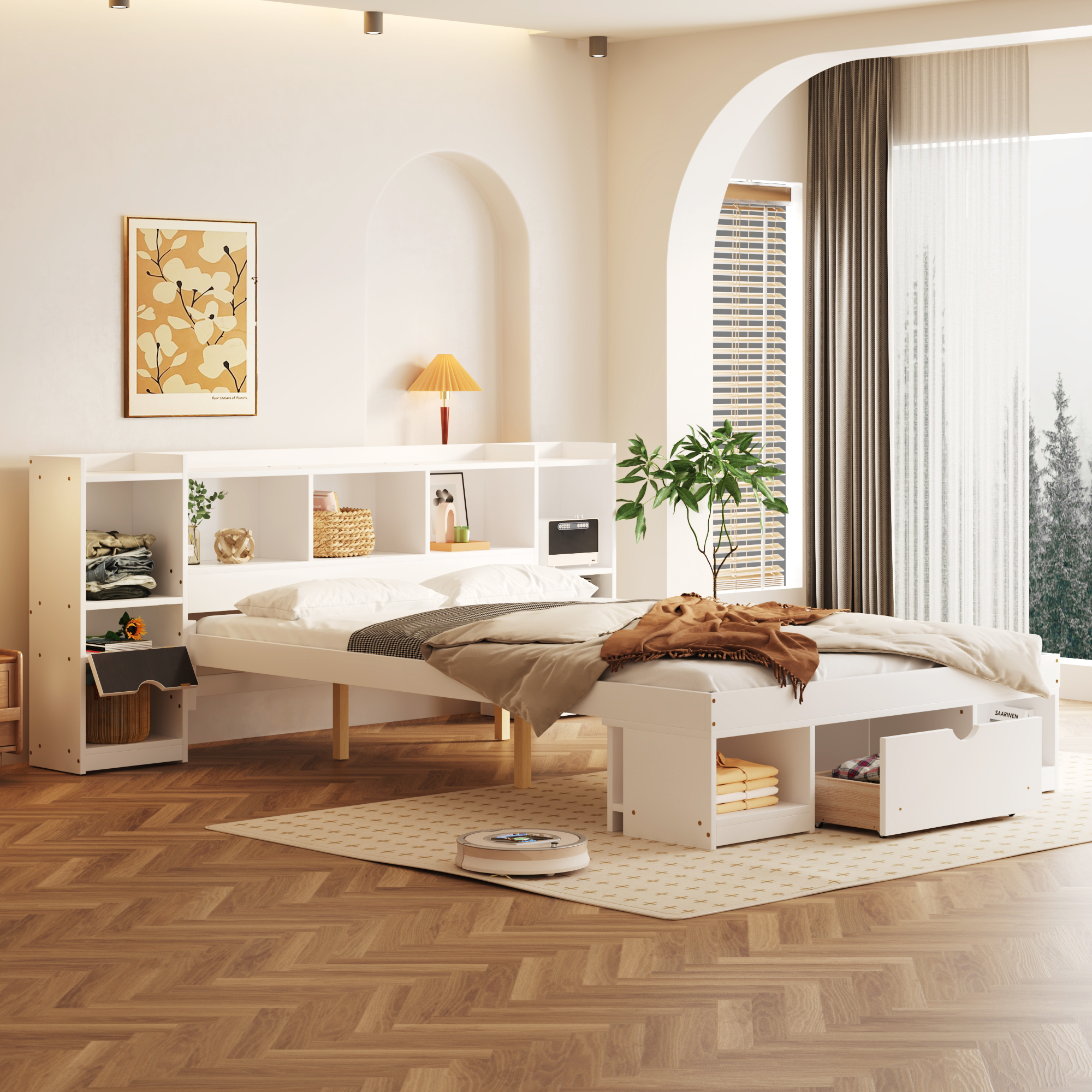 Queen Size Wood Platform Bed with Multi-storage Headboard and a Drawer, White/Gray