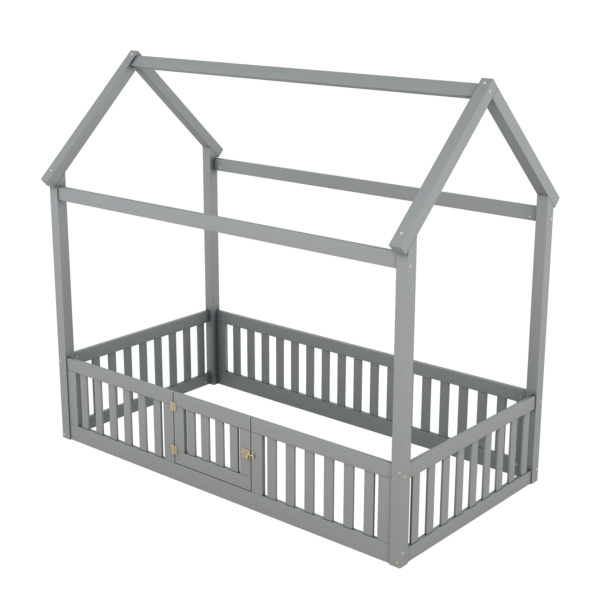 Twin/Full Size Wood House Bed with Fence and Door, Gray/White