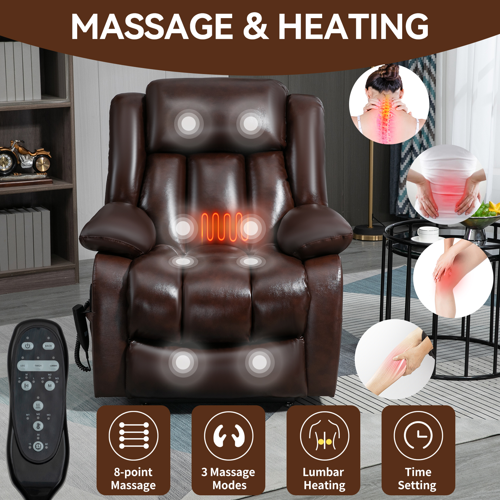 Dual Motor Infinite Position Up to 350 LBS Electric Medium size Brown/Gray/Black/Antique Brown Power Lift Recliner Chair with 8-Point Vibration Massage and Lumbar Heating