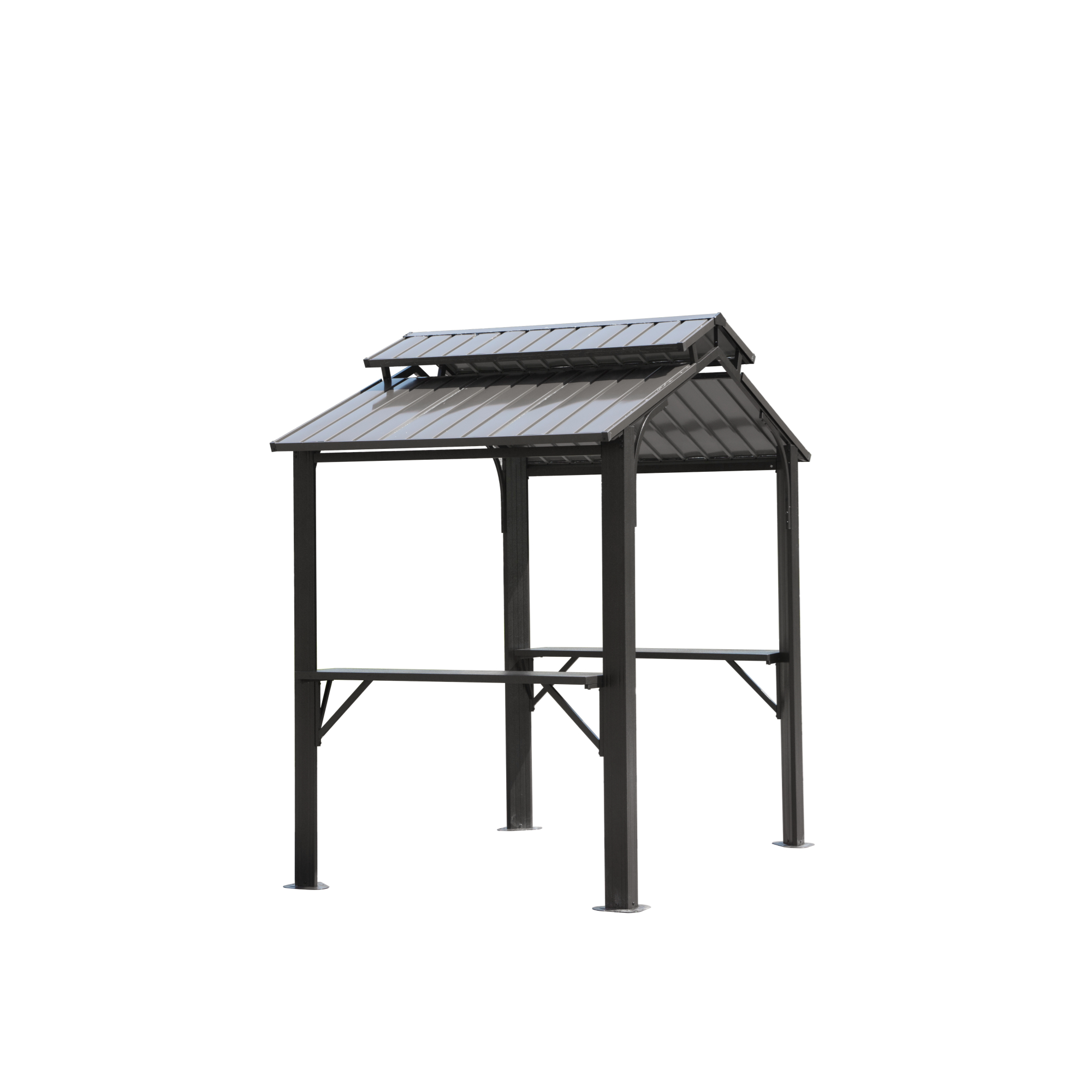 Hardtop Grill Gazebo, Outdoor BBQ Gazebo with 2 Side Shelves and Sloping Galvanized Steel Roof, Metal Permanent Grill Canopy with Ceiling Hooks for Patio, Lawn, Backyard, Deck
