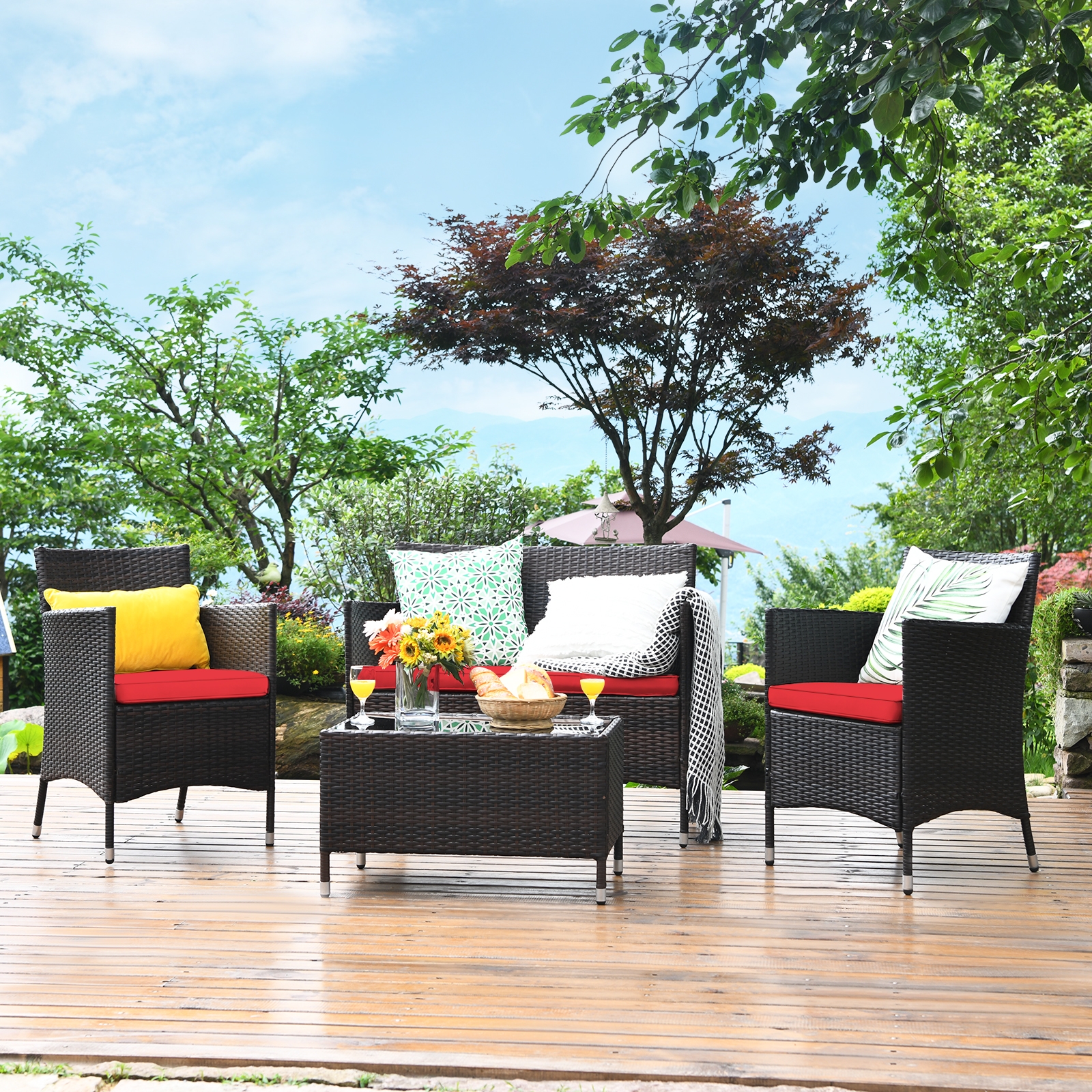 Mondawe 4 Pieces Rattan Outdoor Patio Conversation Furniture Set with Glass Table and Comfortable Wicker Sectional Sofa-Mondawe