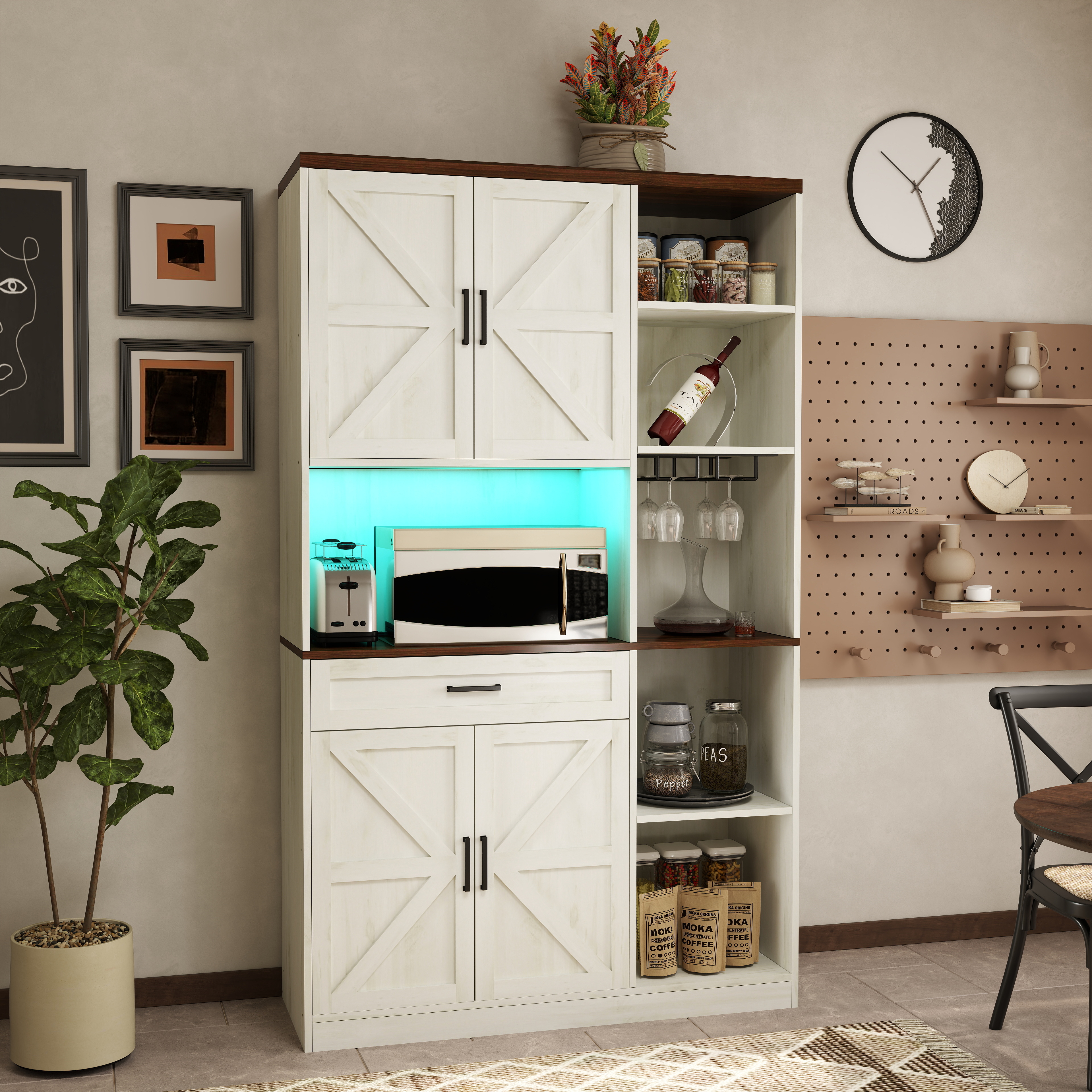 70.87'' Multifunctional Farmhouse Kitchen Pantry Sideboard with Cabinet and Drawer, Kitchen Buffet with Hutch and Glass Holder, Microwave Stand with Charging Station for Kitchen and Dining Room 