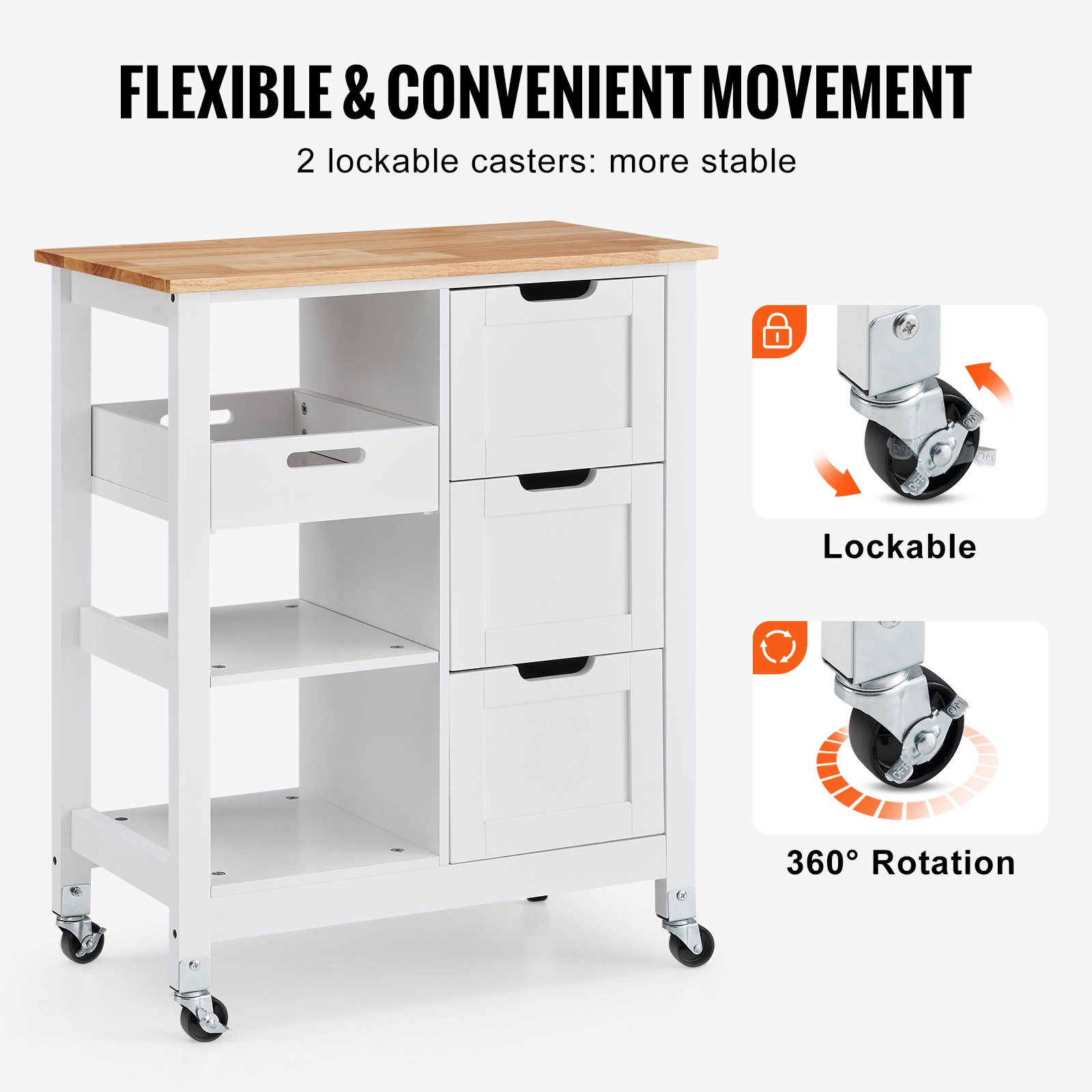 Rolling Portable Small Kitchen Island Cart on Wheels with Solid Wood Top, Dining Room Serving Utility Carts Mobile Movable with 3 Drawers and Storage Shelves Cabinet, White 