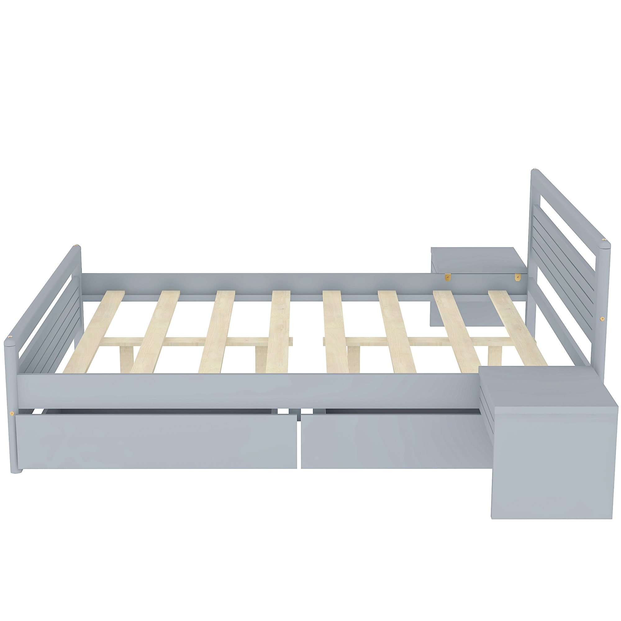 Queen Size Wooden Platform Bed with 2 Storage Drawers and 2 bedside tables, Gray/White 