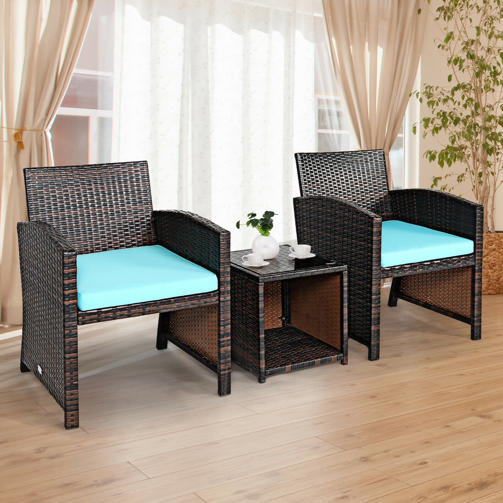 Mondawe 3 Pieces PE Rattan Wicker Furniture Set with Cushion Sofa Coffee Table for Garden-Turquoise-Mondawe