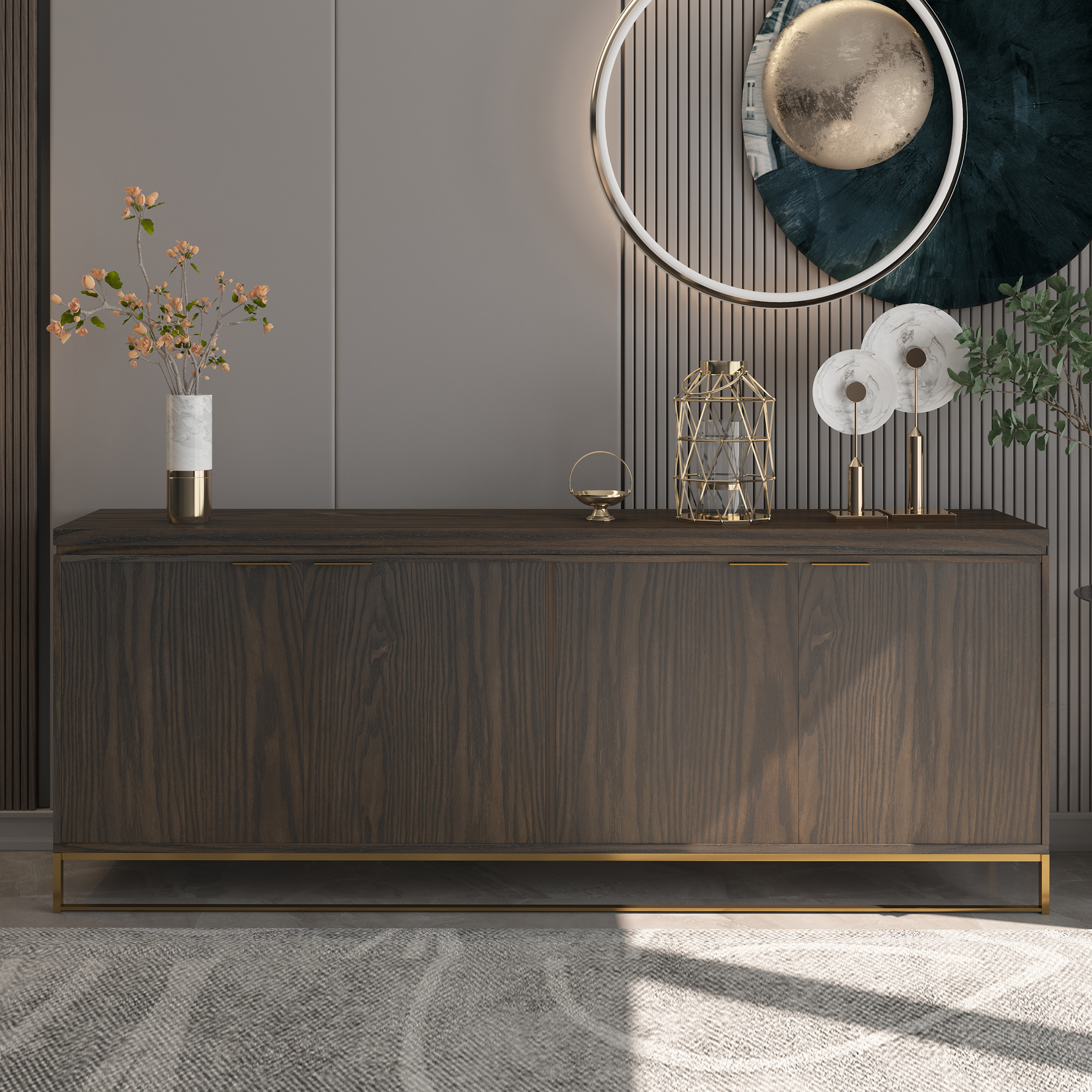 Dark Brown/White MDF 4-Door 81.5 in. Modern Buffet Sideboard Dining Table with Stainless Steel Brushed Gold Legs