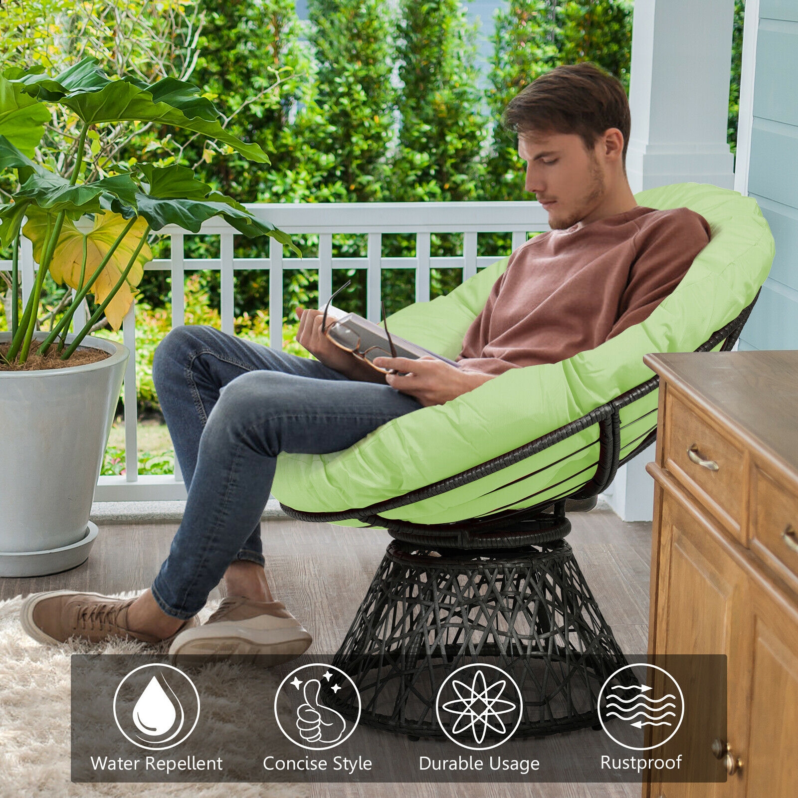 Mondawe Rattan Papasan Chair Ergonomic 360-degree Swivel Soft Cushion Garden-Mondawe