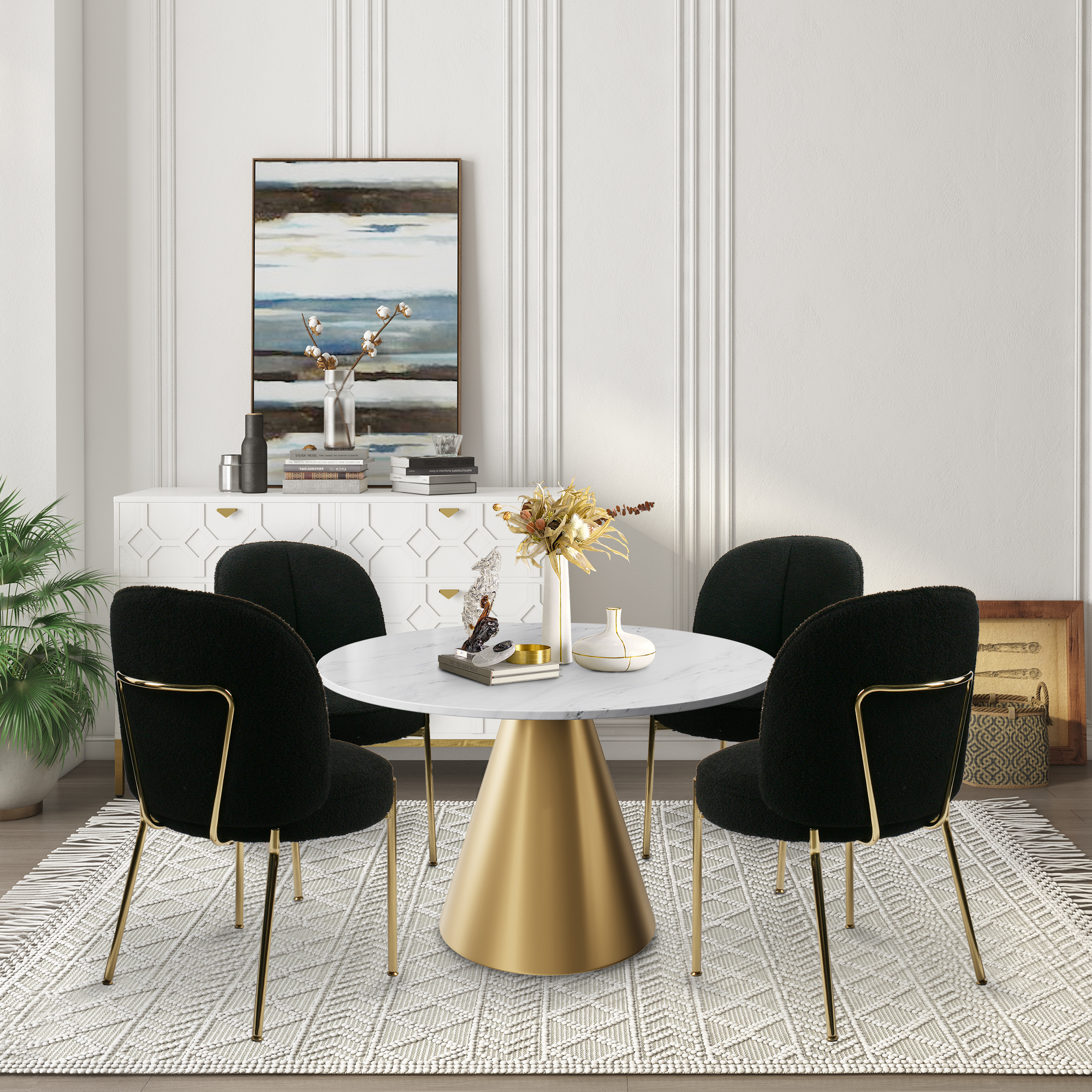 Teddy Fabric Dinning Chair in Greamy White/Brown/Army Green/Black with Adjustable Foot Nails (Set of 2)