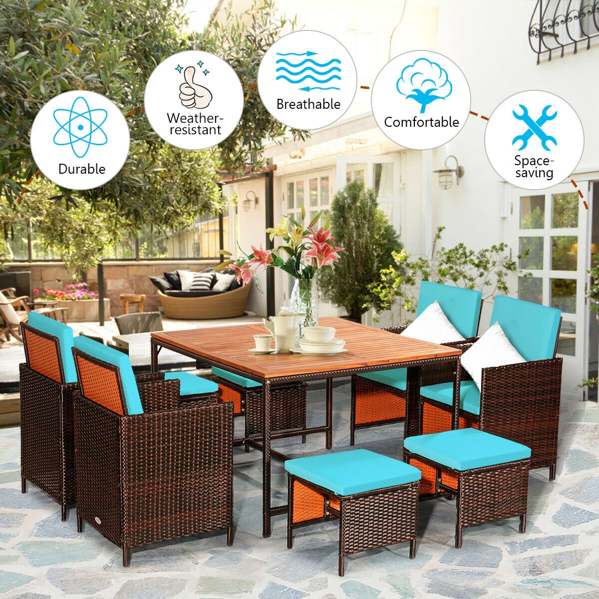 Mondawe 9PCS Patio Rattan Dining Cushioned Chairs Set-Turquoise-Mondawe