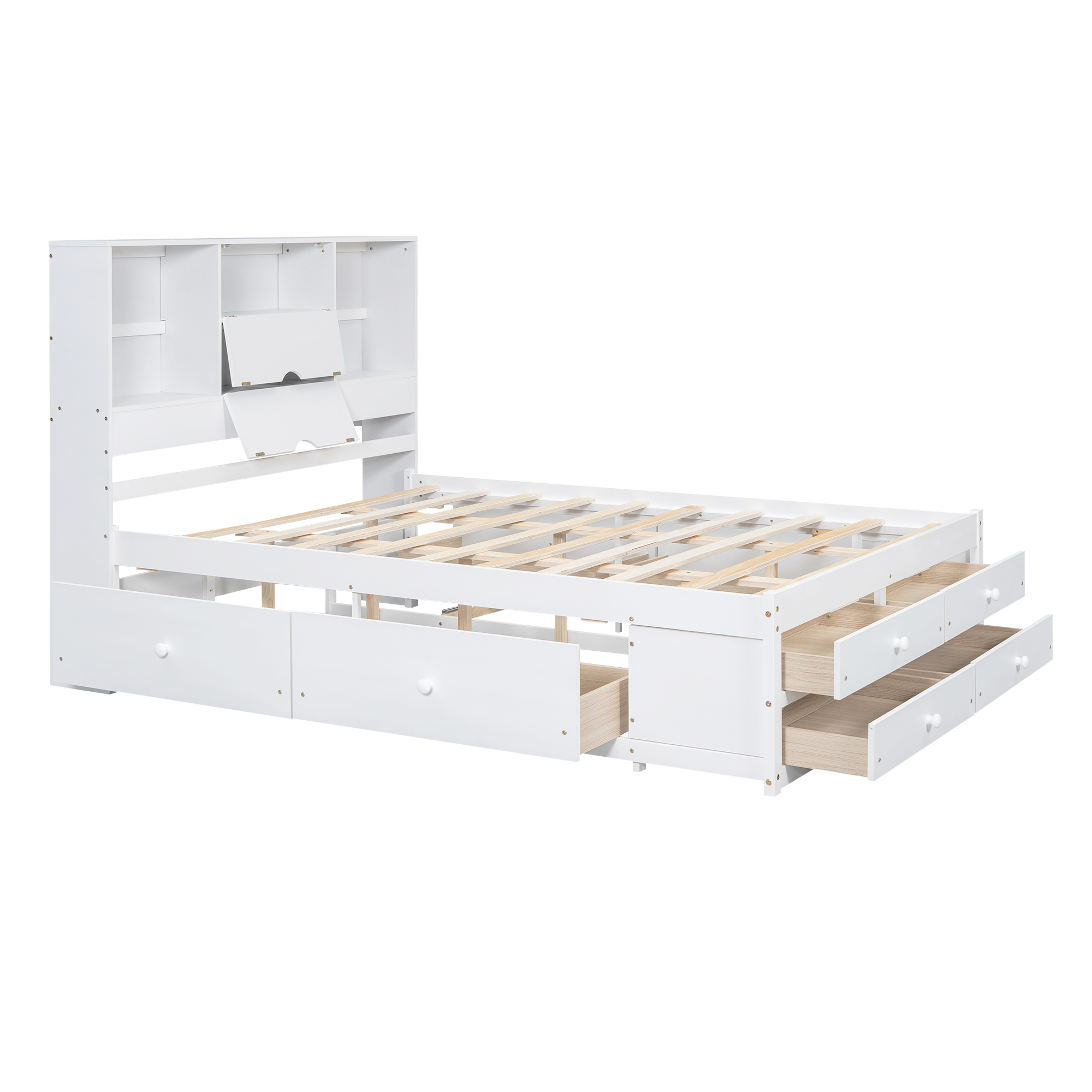 Queen/King Size Platform Bed with Storage Headboard and 8 Drawers, White/Gray