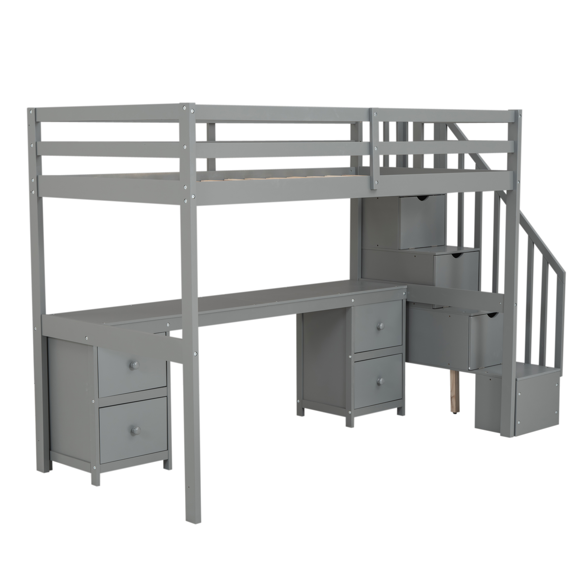 Twin Size Loft Bed Frame with Built-in Desk and Double Storage Drawers,White/Gray