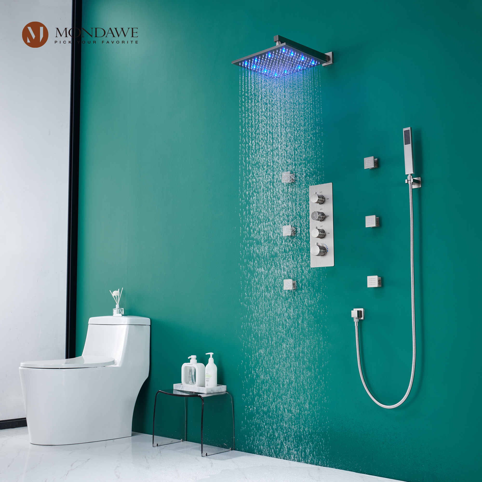 Mondawe Luxury Wall Mount Rain Shower Head with 6 Shower Jet and LED 3-Spray Patterns Thermostatic 12 in. -Mondawe