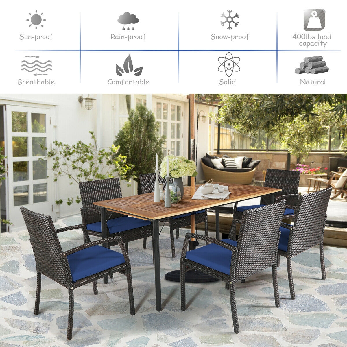 Mondawe 7Pcs Patio Rattan Cushioned Dining Set with Umbrella Hole-Navy-Mondawe