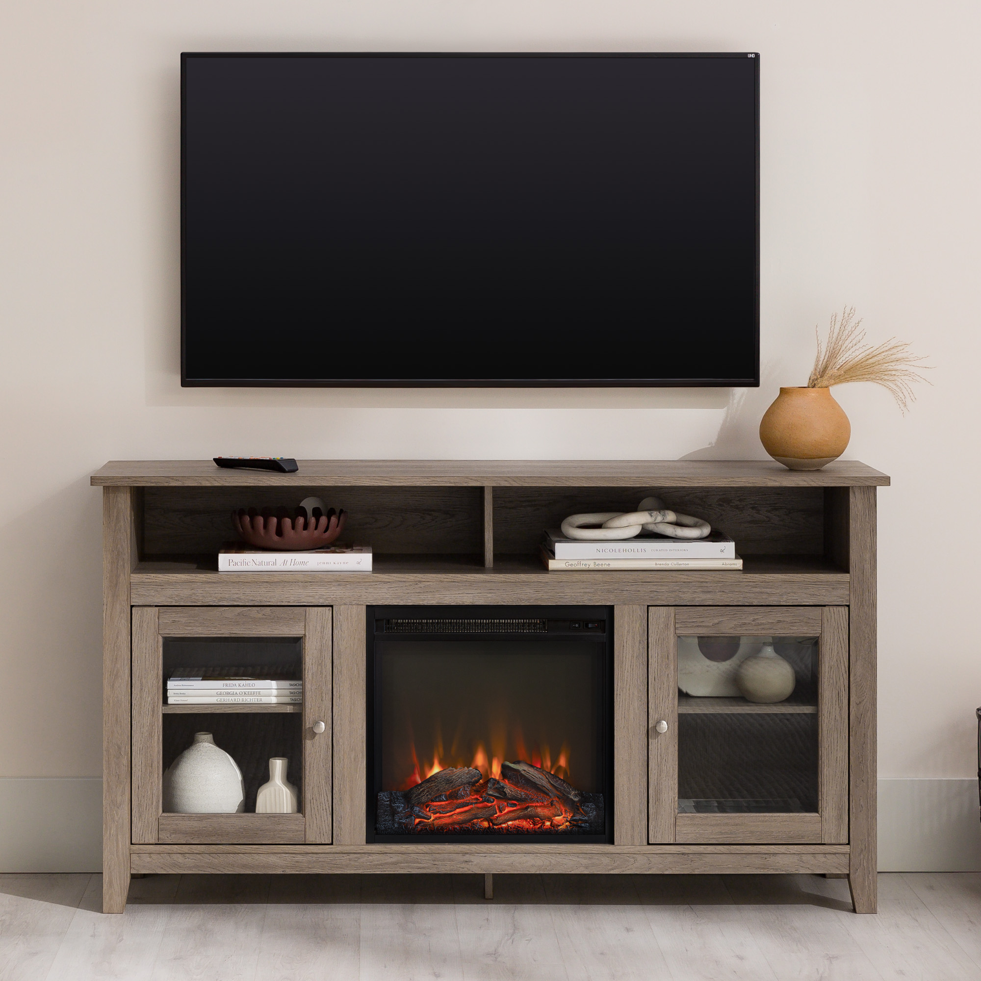 Classic Glass-Door Fireplace Tall TV Stand for TVs up to 65" - Driftwood