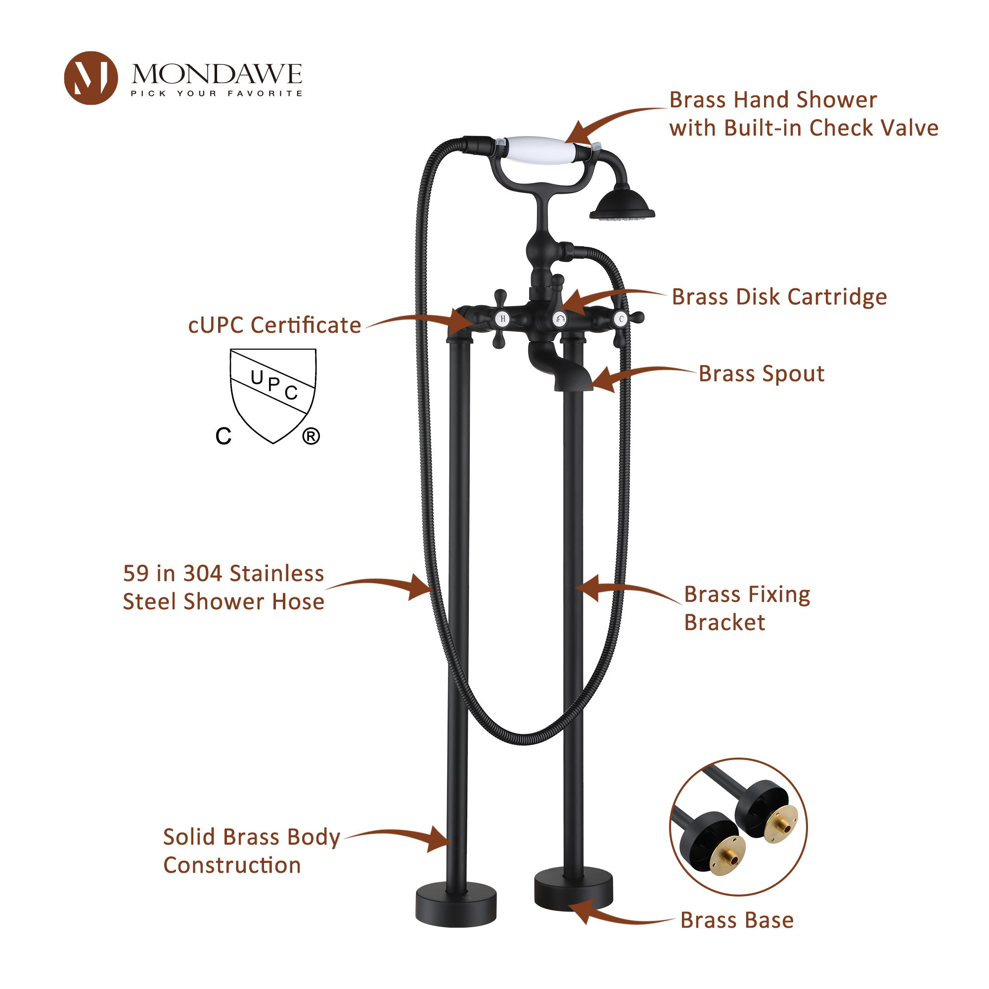 Mondawe 3-Handle Traditional Freestanding Bathtub Faucet(Matte Black)-Mondawe