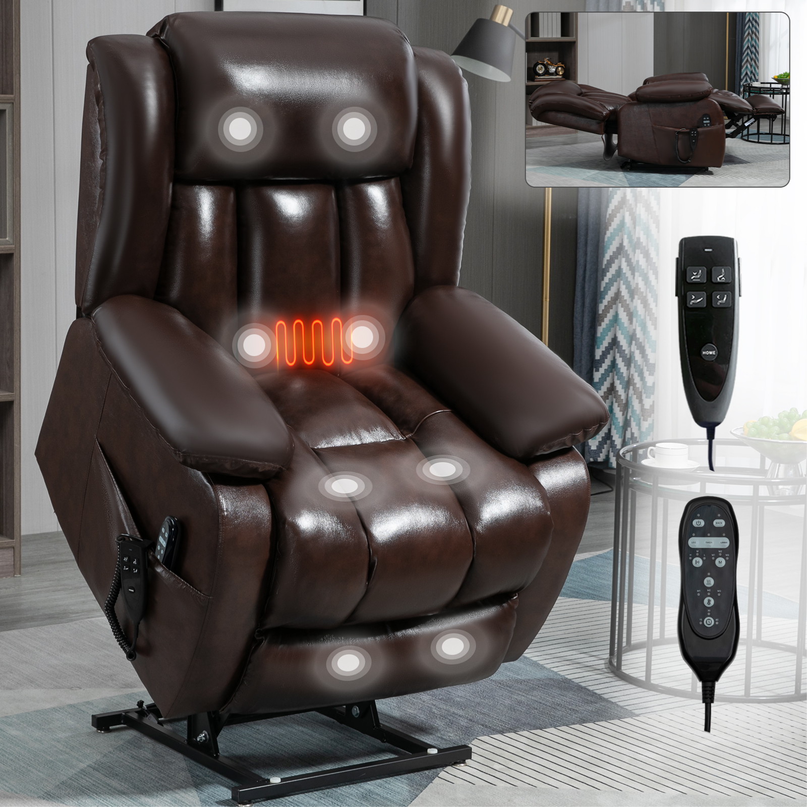 Dual Motor Infinite Position Up to 350 LBS Electric Medium size Brown/Gray/Black/Antique Brown Power Lift Recliner Chair with 8-Point Vibration Massage and Lumbar Heating