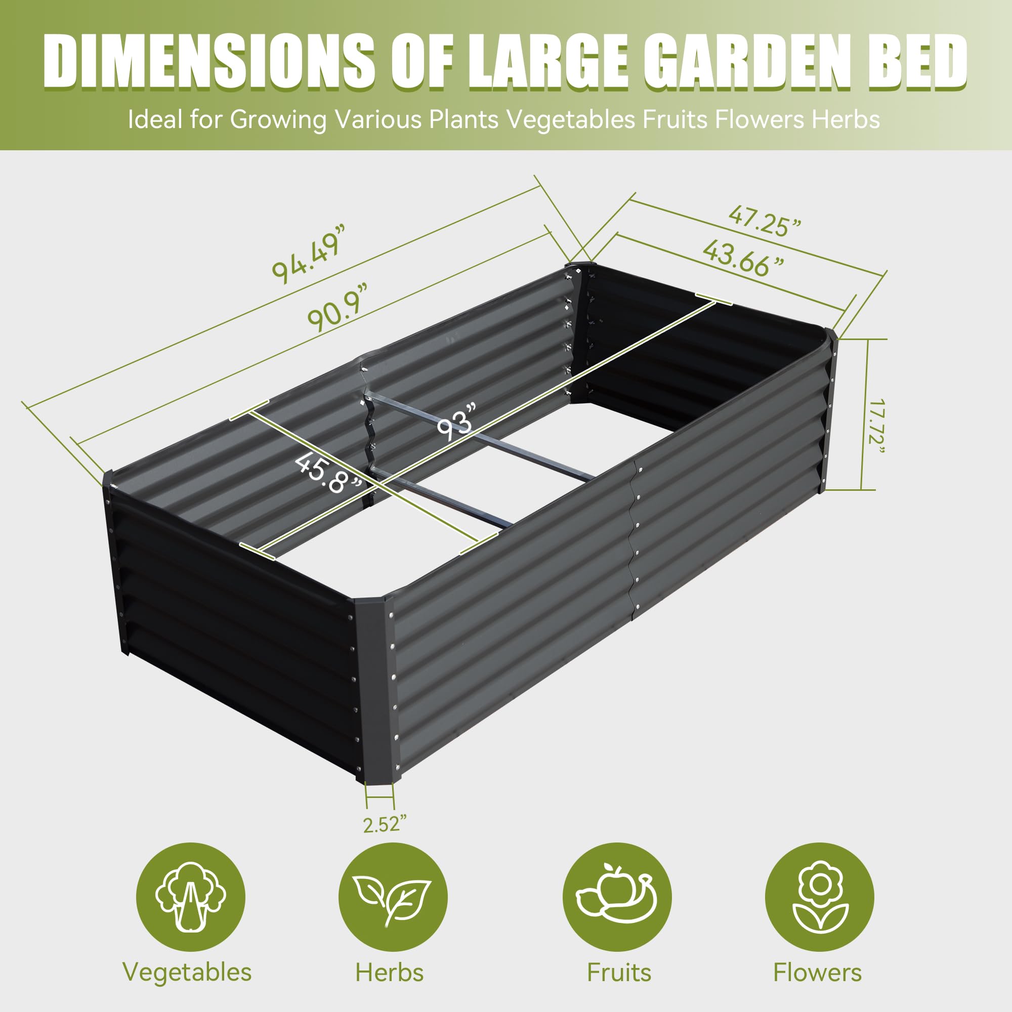 8x4x1.5 ft Galvanized Raised Garden Bed, Outdoor Planter Garden Boxes Large Metal Planter Box for Gardening Vegetables Fruits Flowers, Silver/Green/Gray