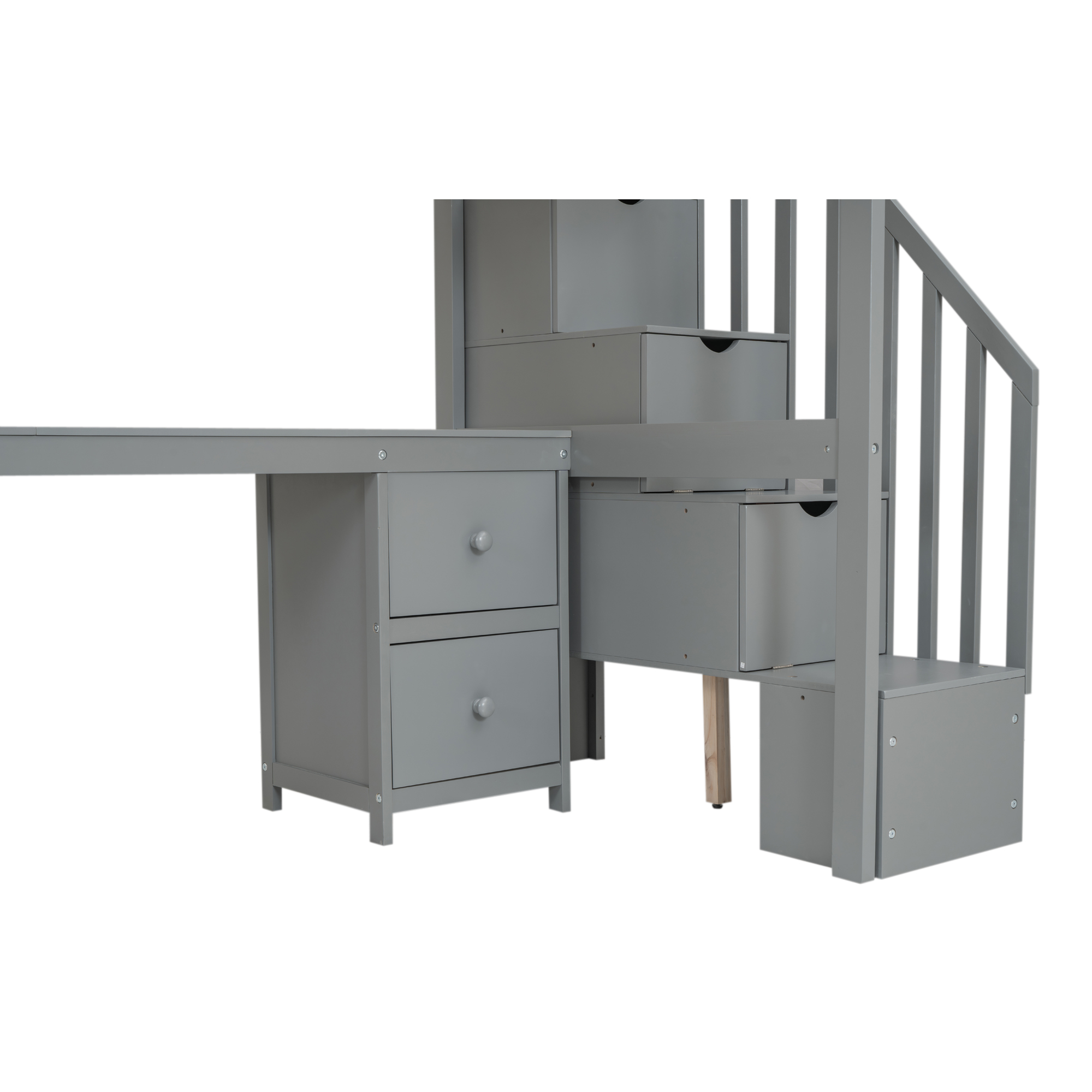 Twin Size Loft Bed Frame with Built-in Desk and Double Storage Drawers,White/Gray