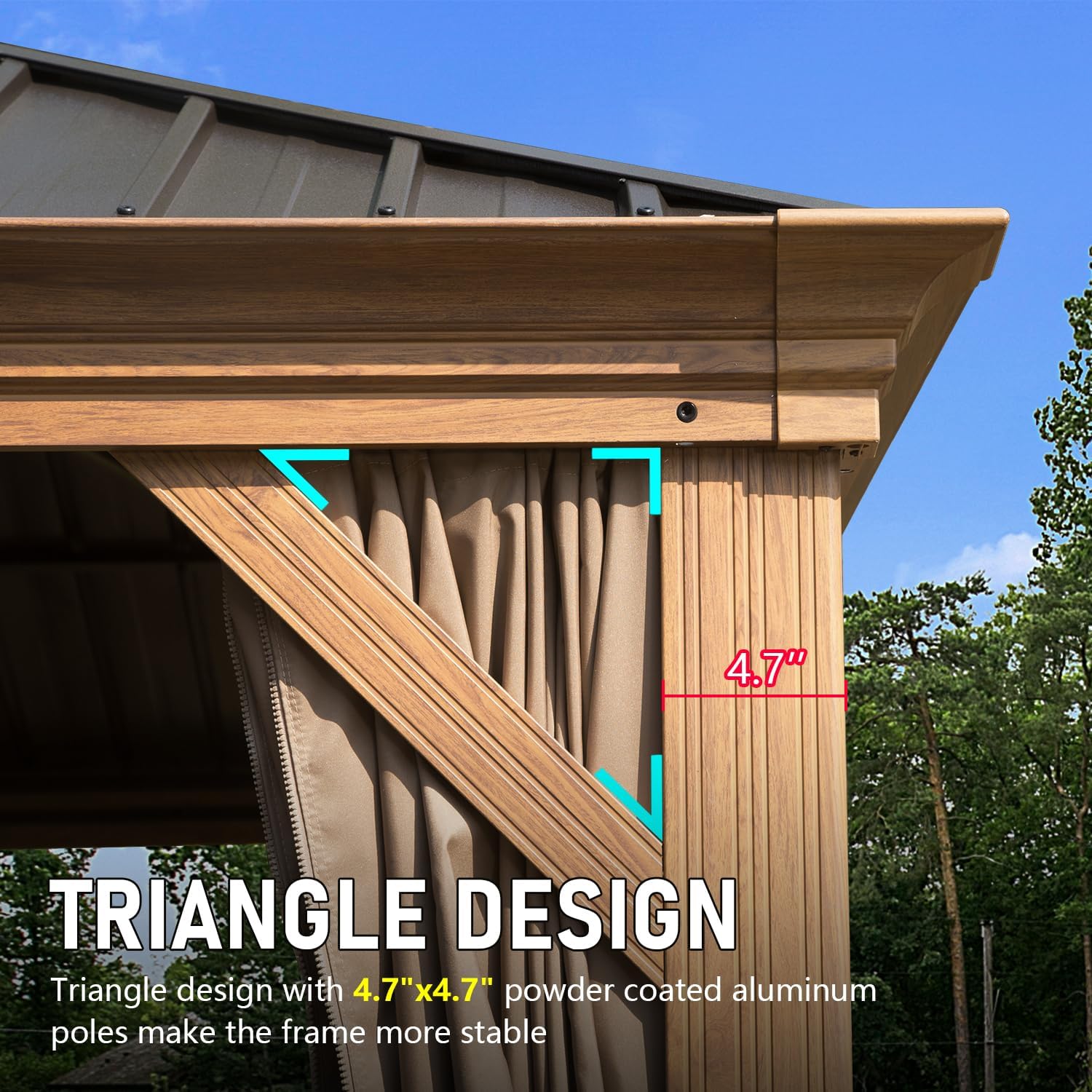 14x22FT Hardtop Gazebo, Outdoor Gazebo with Galvanized Steel Double Roof, Aluminum Frame, Built-in Gutter System, Curtain and Netting, Metal Gazebo Pavilion for Patio Deck Garden, Brown/Grey/Wood-Looking