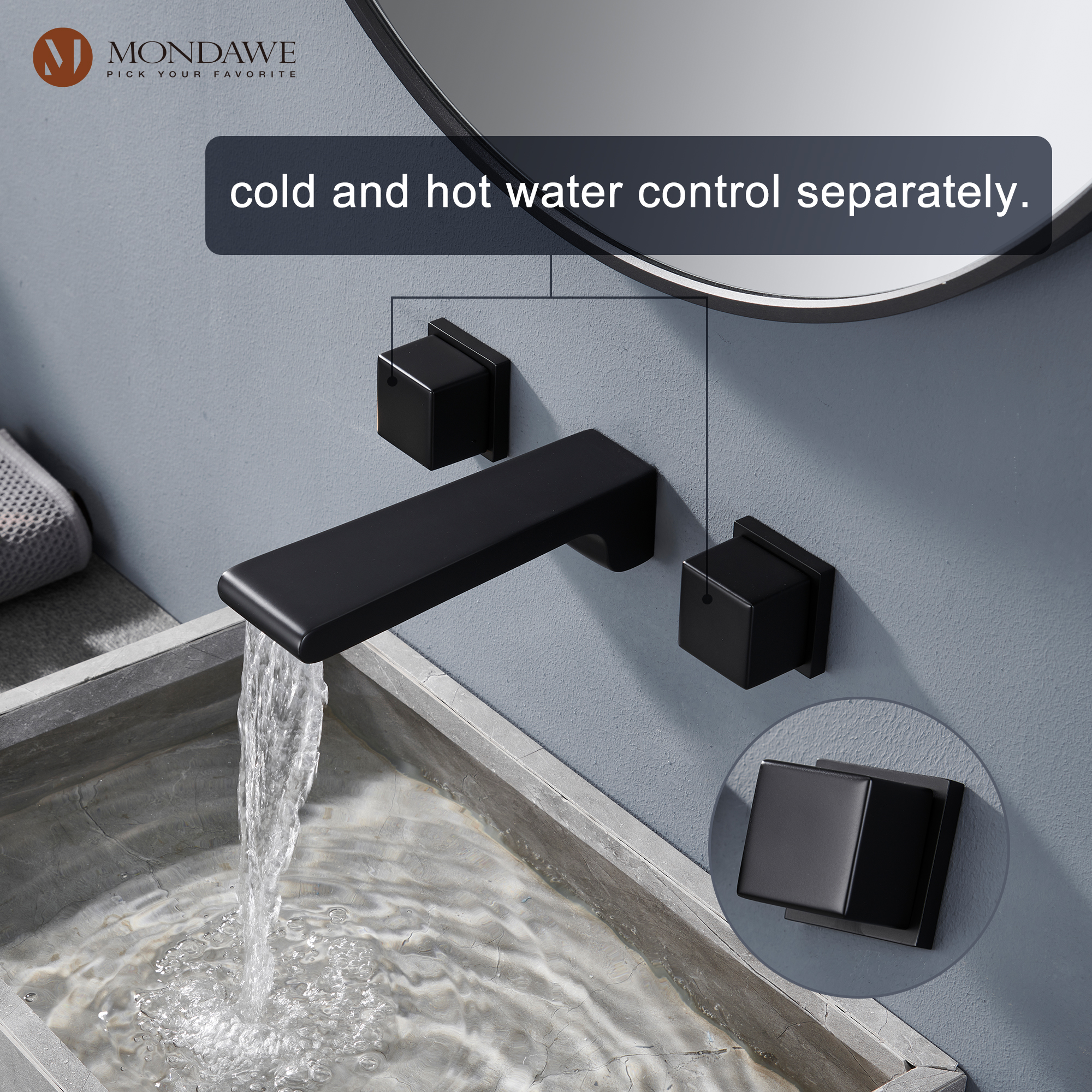 Mondawe Spot Free Widespread Wall Mount 3-Hole Sink  Water Tap with Double Handle-Mondawe