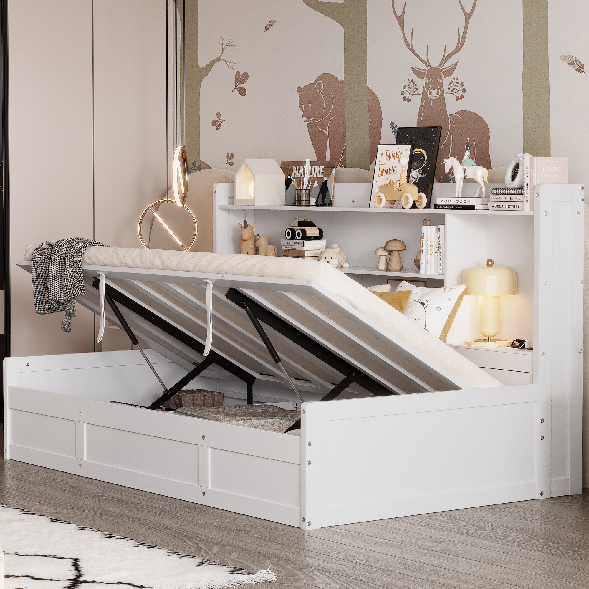 Twin Size Daybed Frame with Storage Bookcases and Underneath Storage, USB Charging Station, White/Gray 