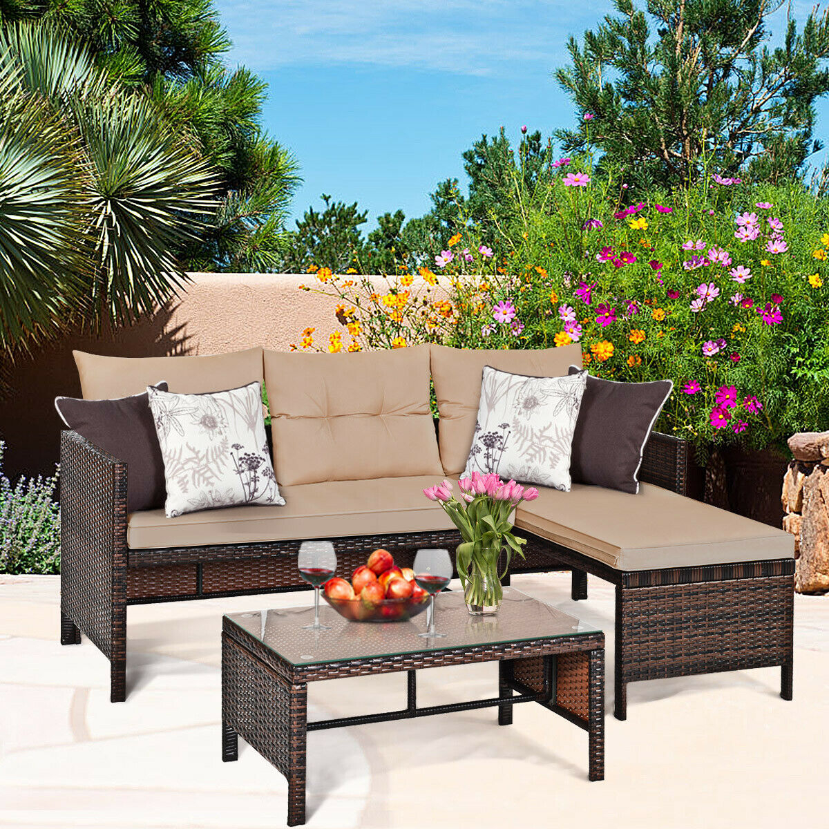 Mondawe 3 Piece Patio Wicker Rattan Sofa Set-Mondawe