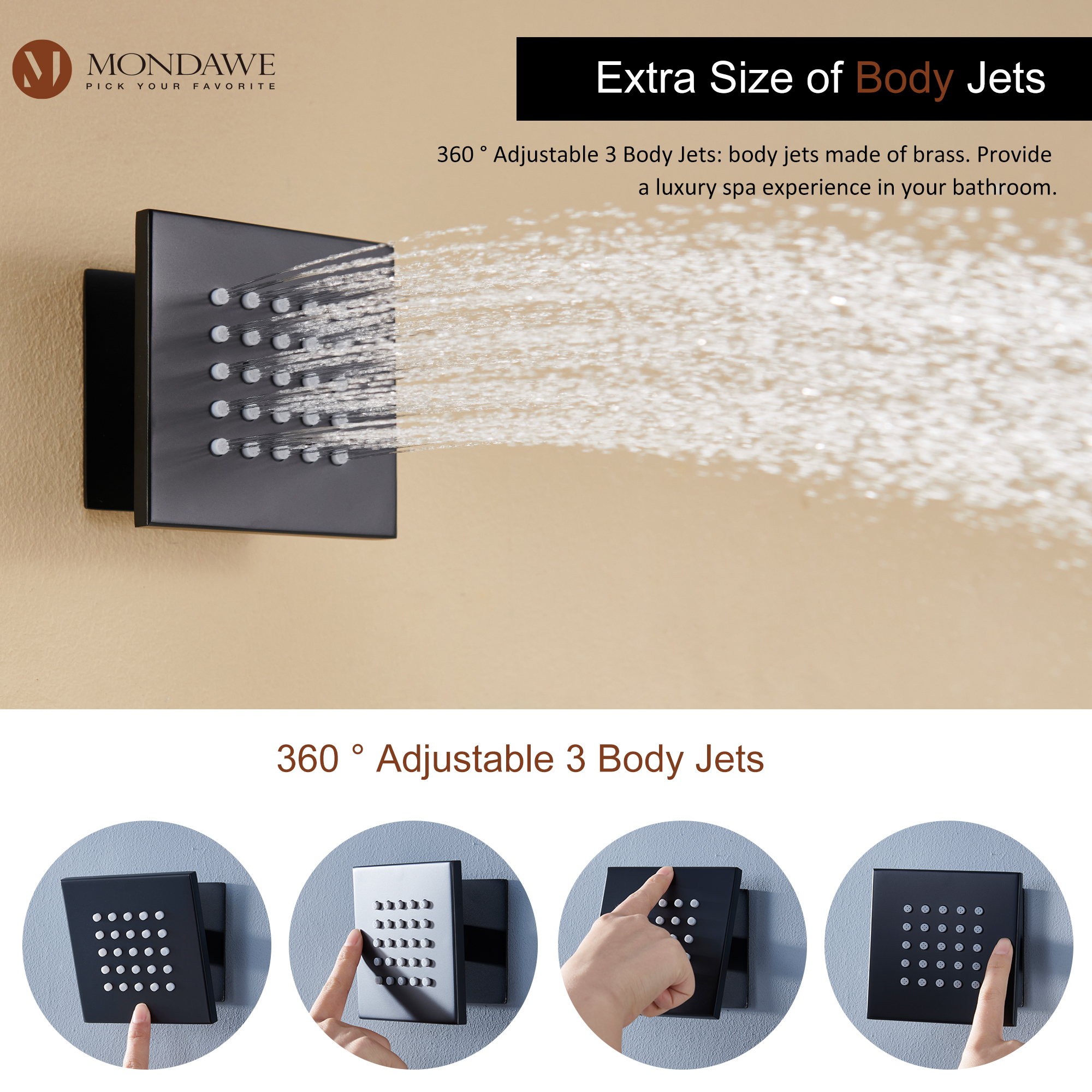 Mondawe Luxury Rain Dual Shower Heads Wall Mounted 22 in. with Digital Temperature Display 4 Spray Patterns Thermostatic and 3 Body Jets-Mondawe