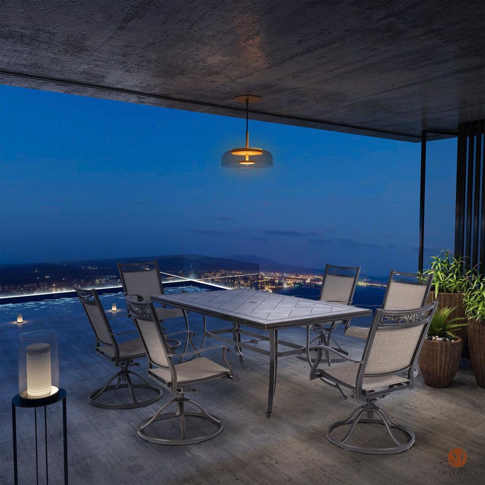 Boyelliving Gray Frame Rectangle Aluminum 28 in. H Outdoor Dining Table with Umbrella Hole and Dark Gold Finished-Boyelliving