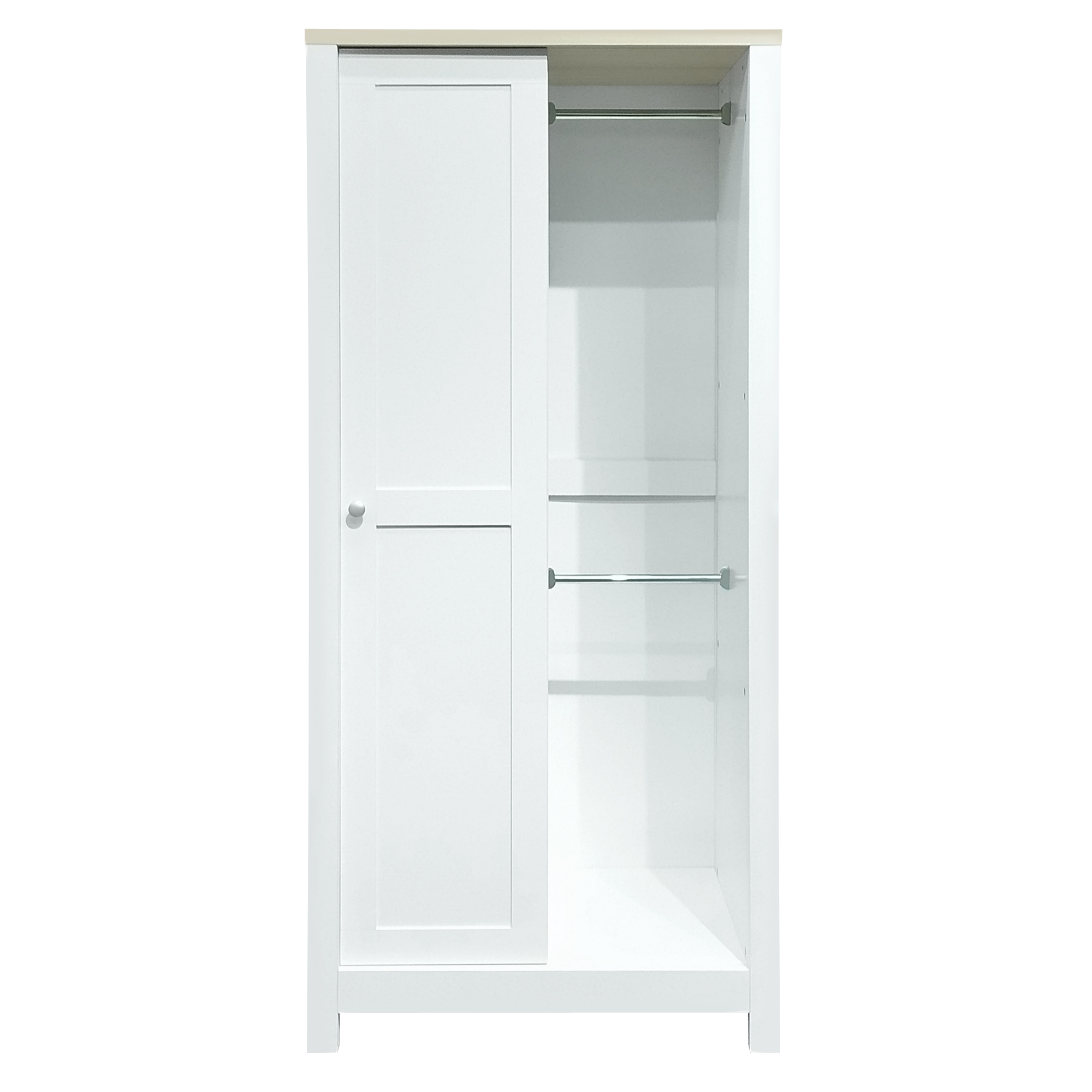 Bedroom Storage Wardrobe with Hanging Rods and 2 Drawers and Open Shelves,Sliding Door,White 