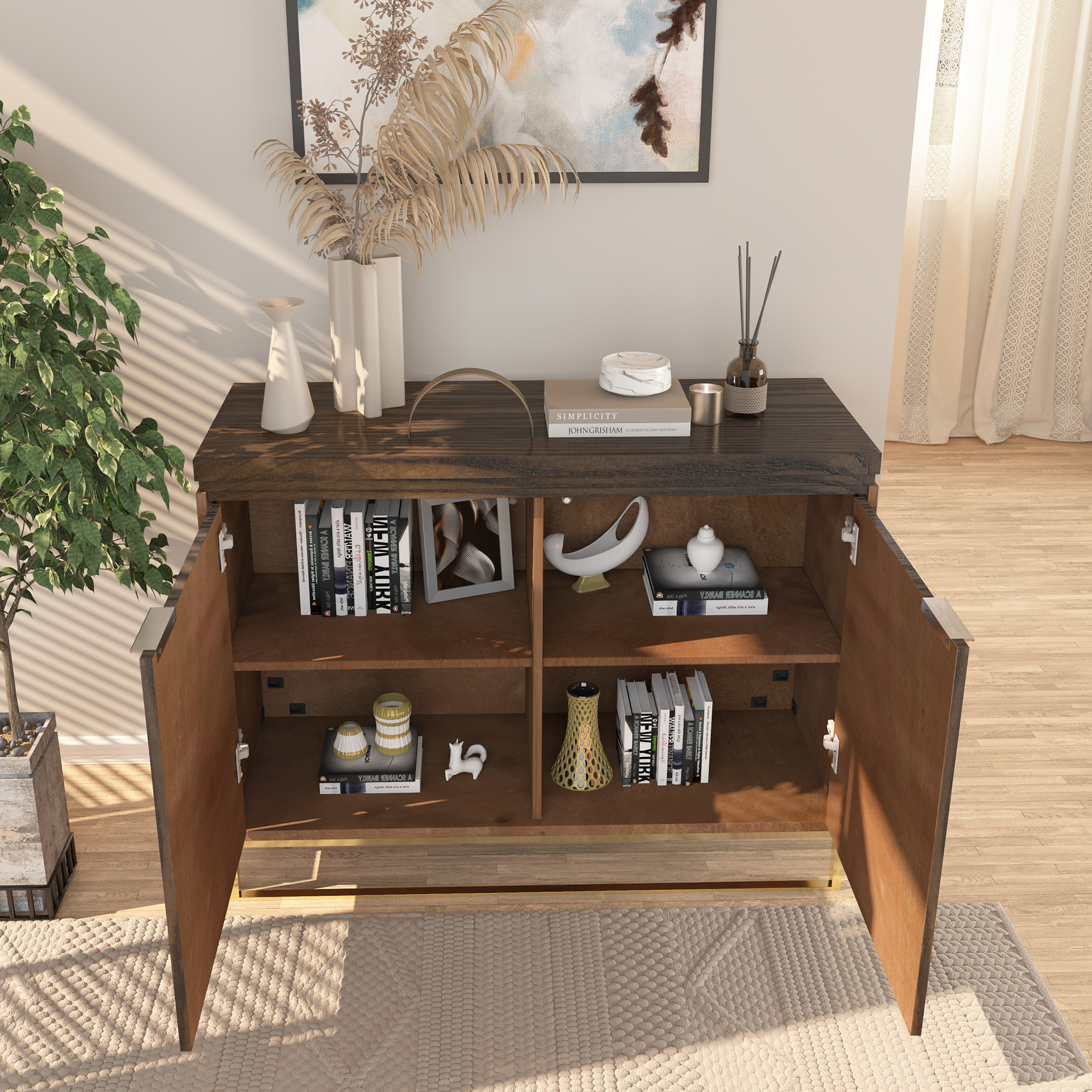 Dark Brown/White MDF 2-Door 31.5 in. Wood Grain Buffet Sideboard For Living Room, Foyer and Kitchen-Dining Room