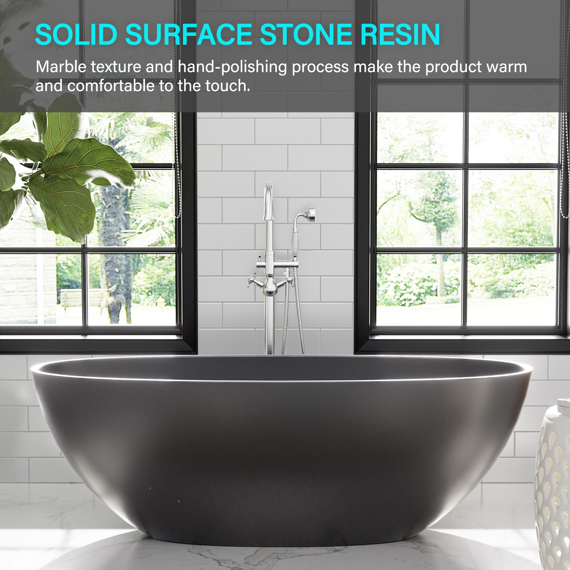 65" Solid Surface Oval Soaking Bathtub with Drain