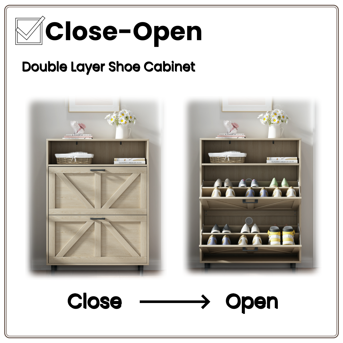 Farmhouse Shoe Storage Cabinet with Barn Door Design, Shoe Organizer with 2 Flip Drawers, Freestanding Narrow Shoe Rack Cabinet with Open Storage for Entryway,Foyer,Hallway,(Antique White/Natural Wood) 