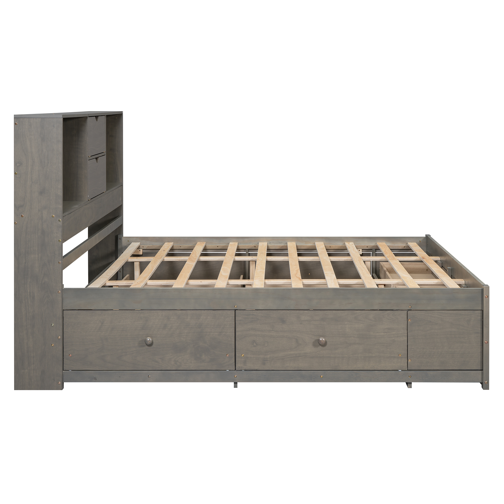 Queen/King Size Platform Bed with Storage Headboard and 8 Drawers, White/Gray