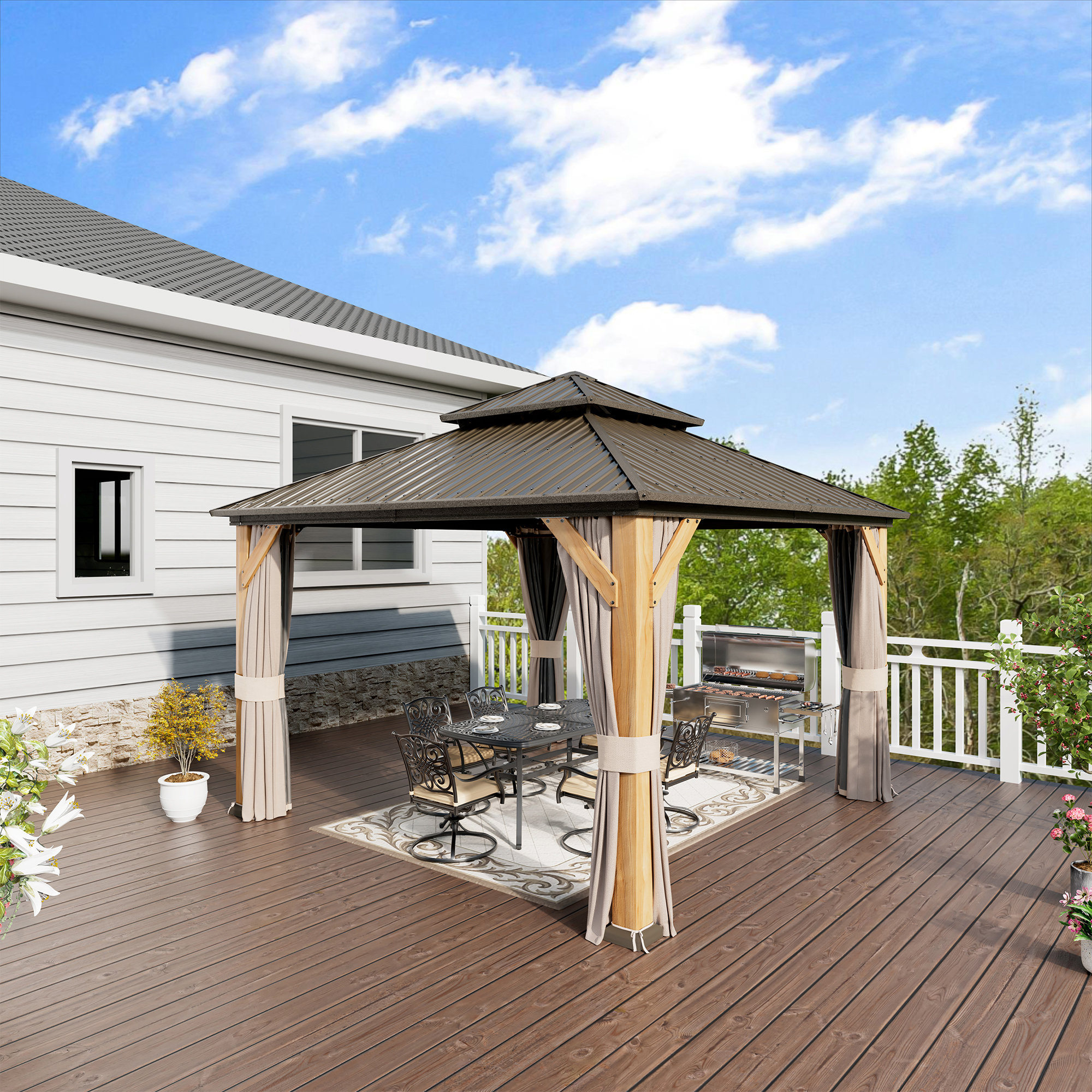 Cedar Frame Hard Top Gazebo with Galvanized Steel Double Roof, Curtain and Net, Outdoor Wooden Gazebo Pergola for Patio Lawn Backyard