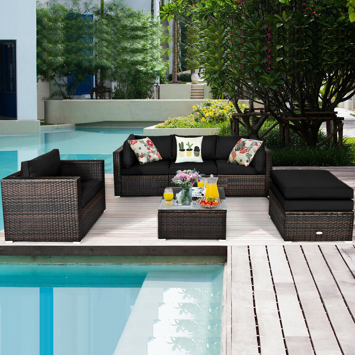 Mondawe 6 Pcs Patio Rattan Furniture Set with Sectional Cushion-Black-Mondawe