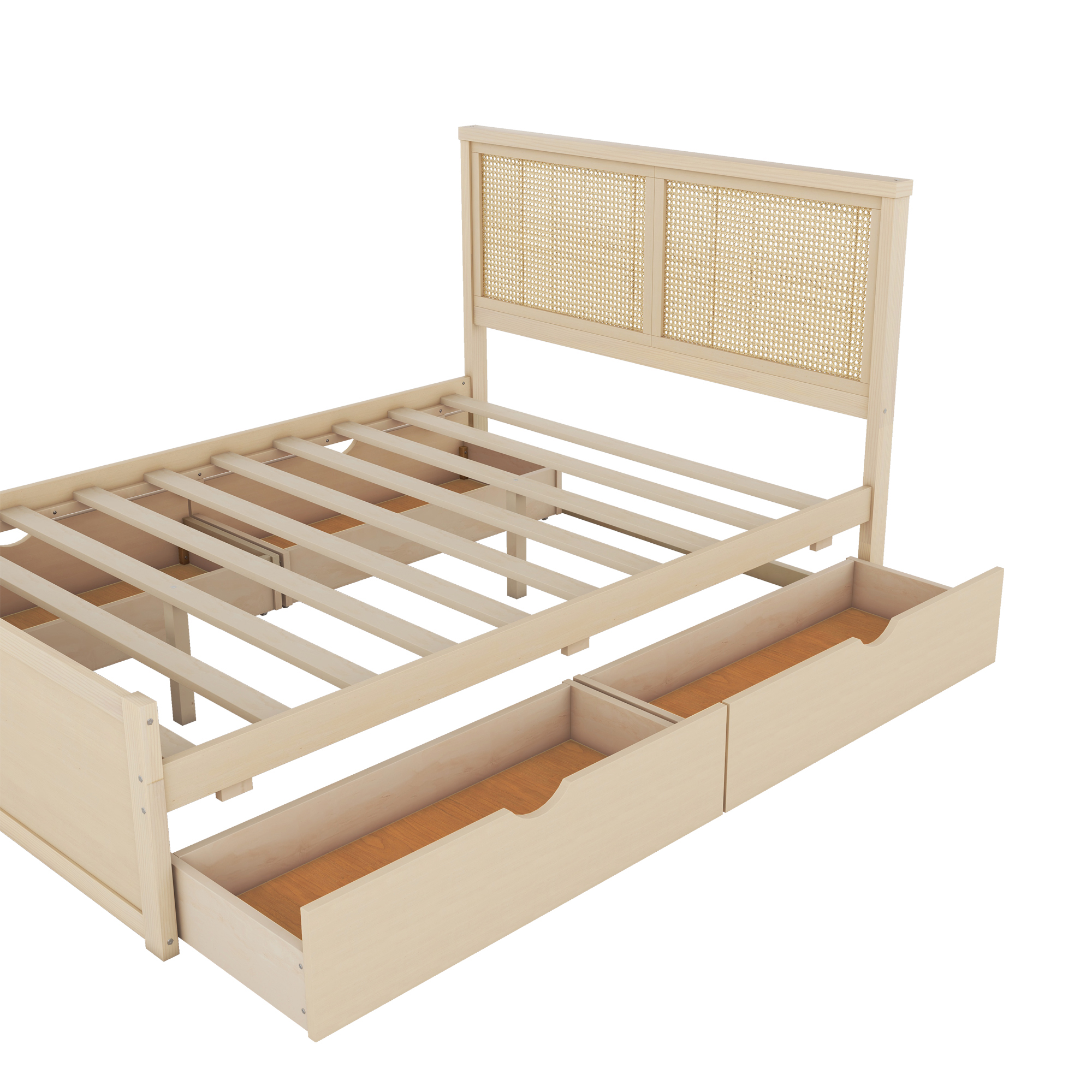 Queen/Full Size Wood Storage Platform Bed with 4 Drawers, Rattan Headboard, Espresso/Nature 