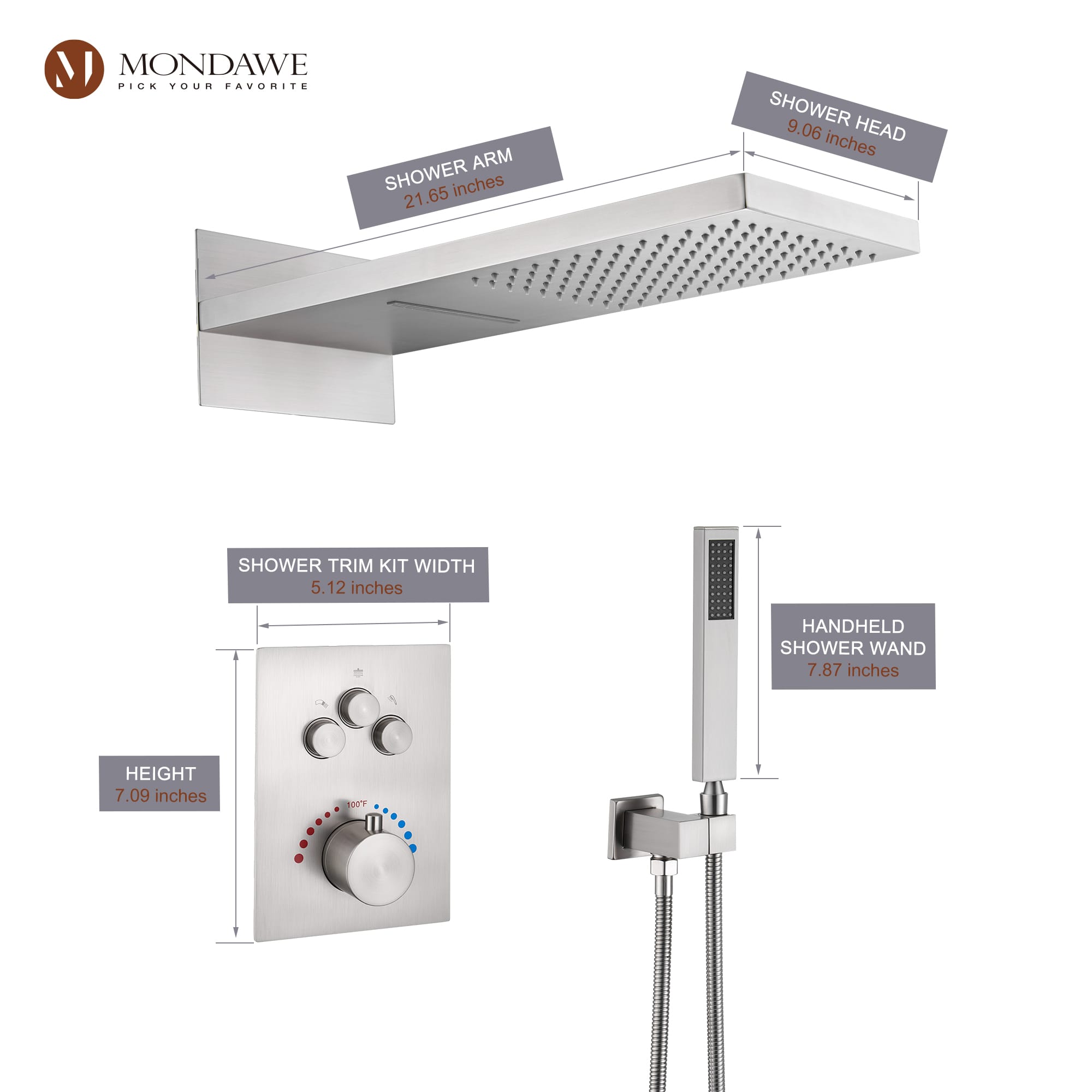 Mondawe 2 Functions Wall Mount Luxury Thermostatic Complete Shower System (Rough-In Valve Included) in Nickel/Black-Mondawe