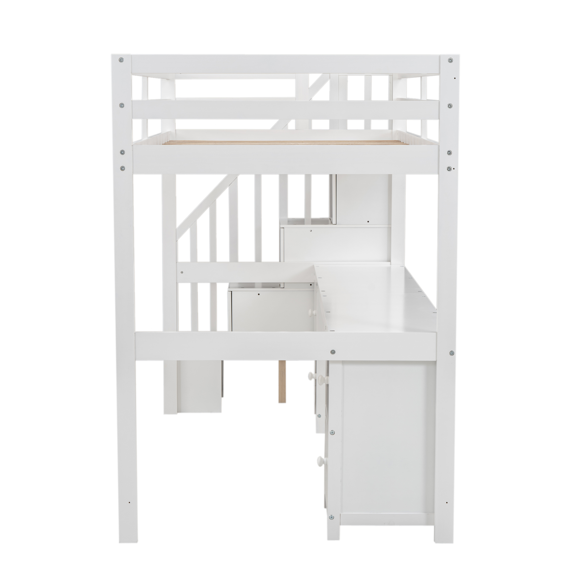 Twin Size Loft Bed Frame with Built-in Desk and Double Storage Drawers,White/Gray