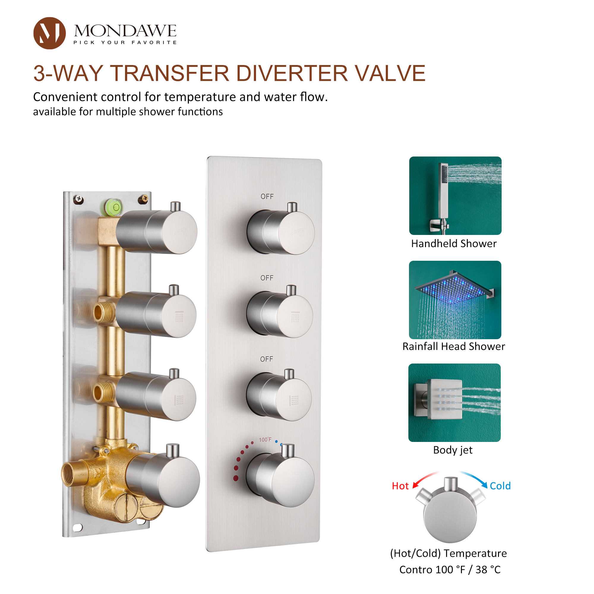 Mondawe Luxury Wall Mount Rain Shower Head with 6 Shower Jet and LED 3-Spray Patterns Thermostatic 12 in. -Mondawe