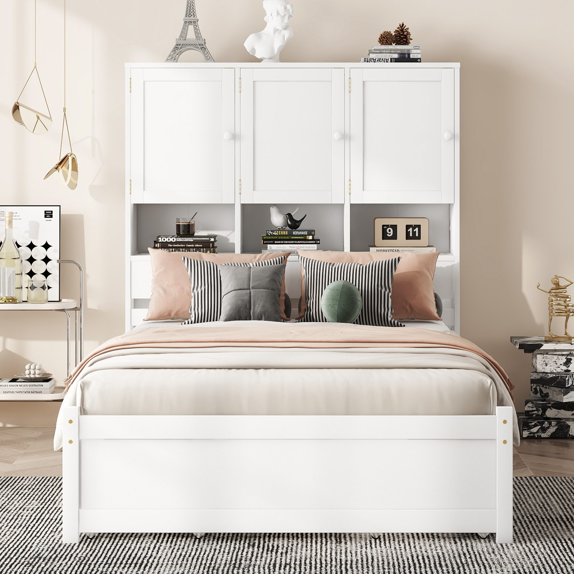 Full/Queen Size Platform Bed with Storage Headboard and 4 Drawers, Gray/White