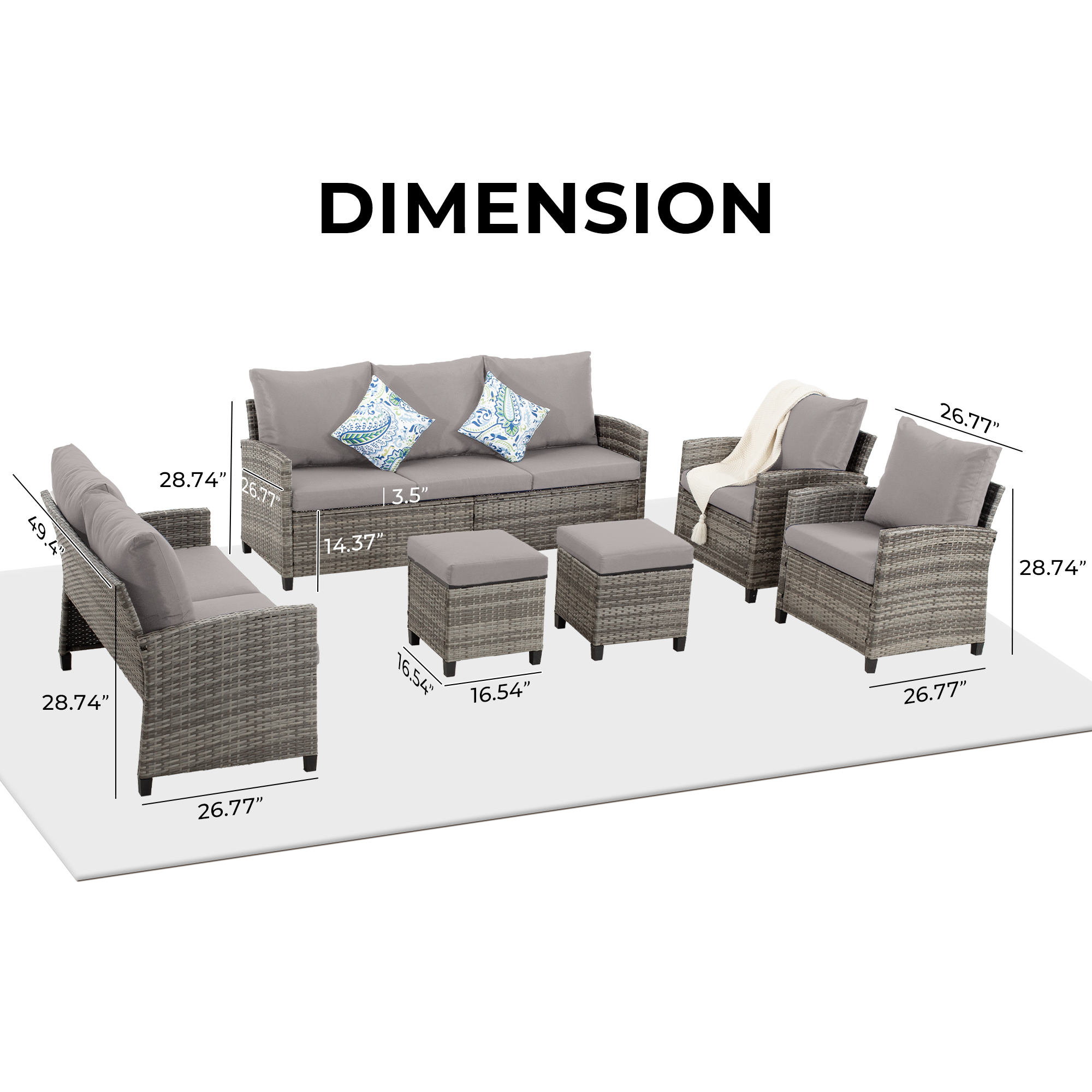 5-Piece PE Rattan Patio Furniture Set – 3-Seater Sofa, 2 Armchairs, 2 Ottomans with Cushions, Outdoor Lounge Seating, Gray/Beige/Blue