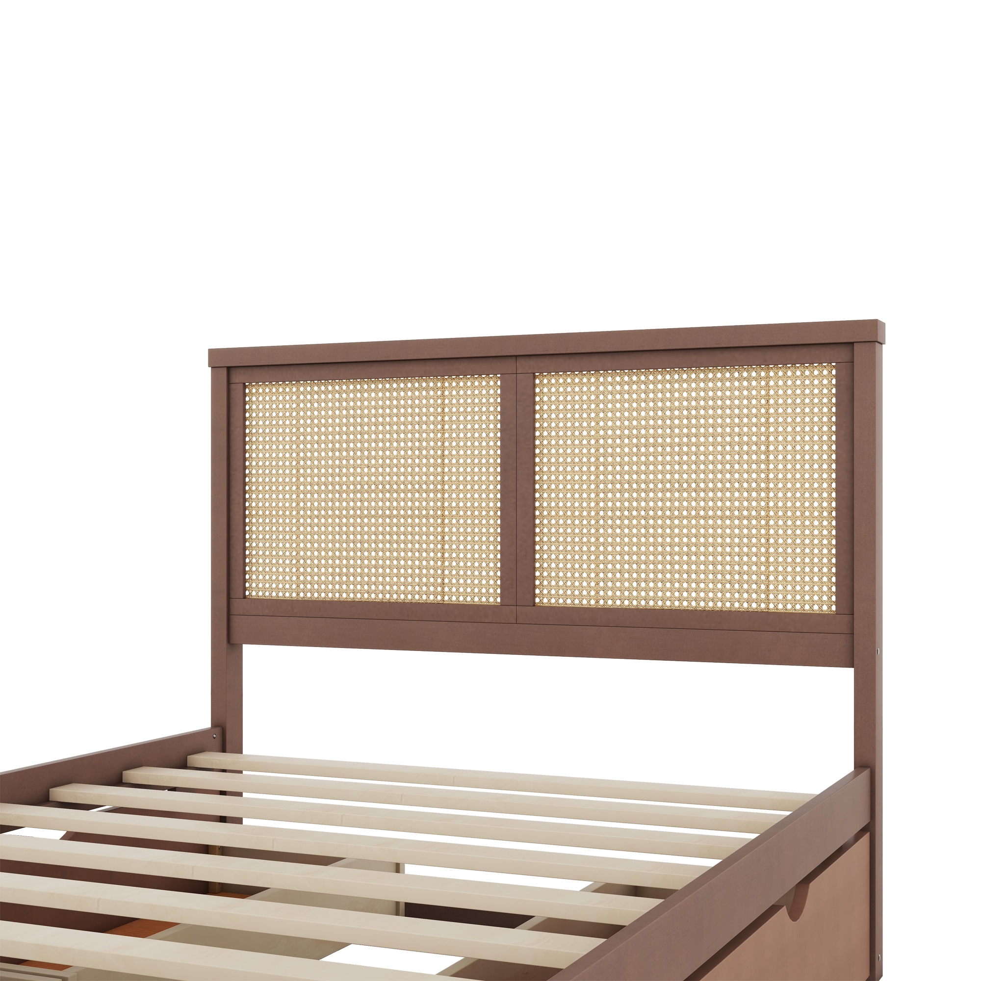 Queen/Full Size Wood Storage Platform Bed with 4 Drawers, Rattan Headboard, Espresso/Nature 