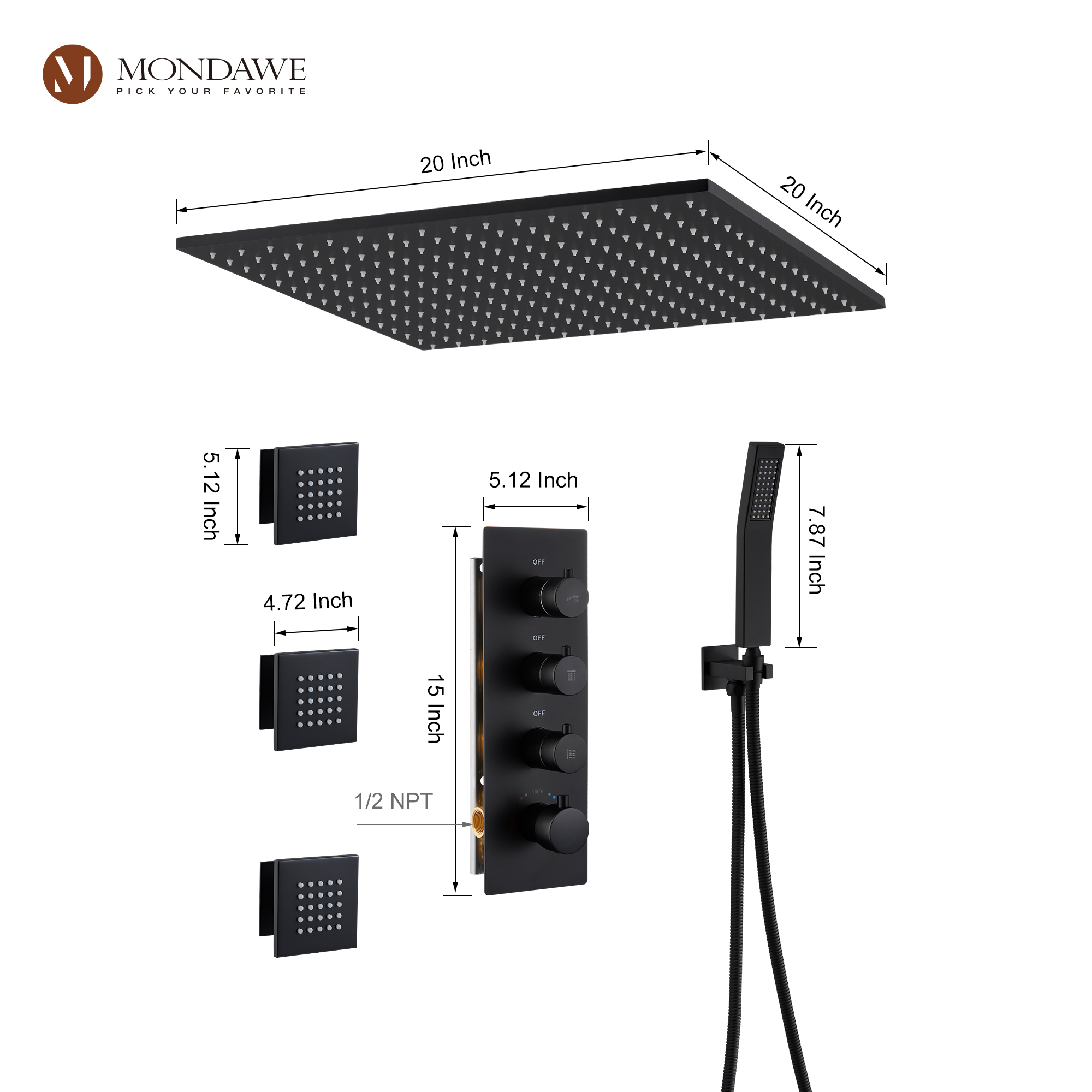 20 Inch Ceiling Mounted Rain Shower Head System Luxury 3-Spray Patterns Thermostatic Shower Faucets Sets Complete with 3-Function Shower Head and Solid Brass Handshower-Mondawe