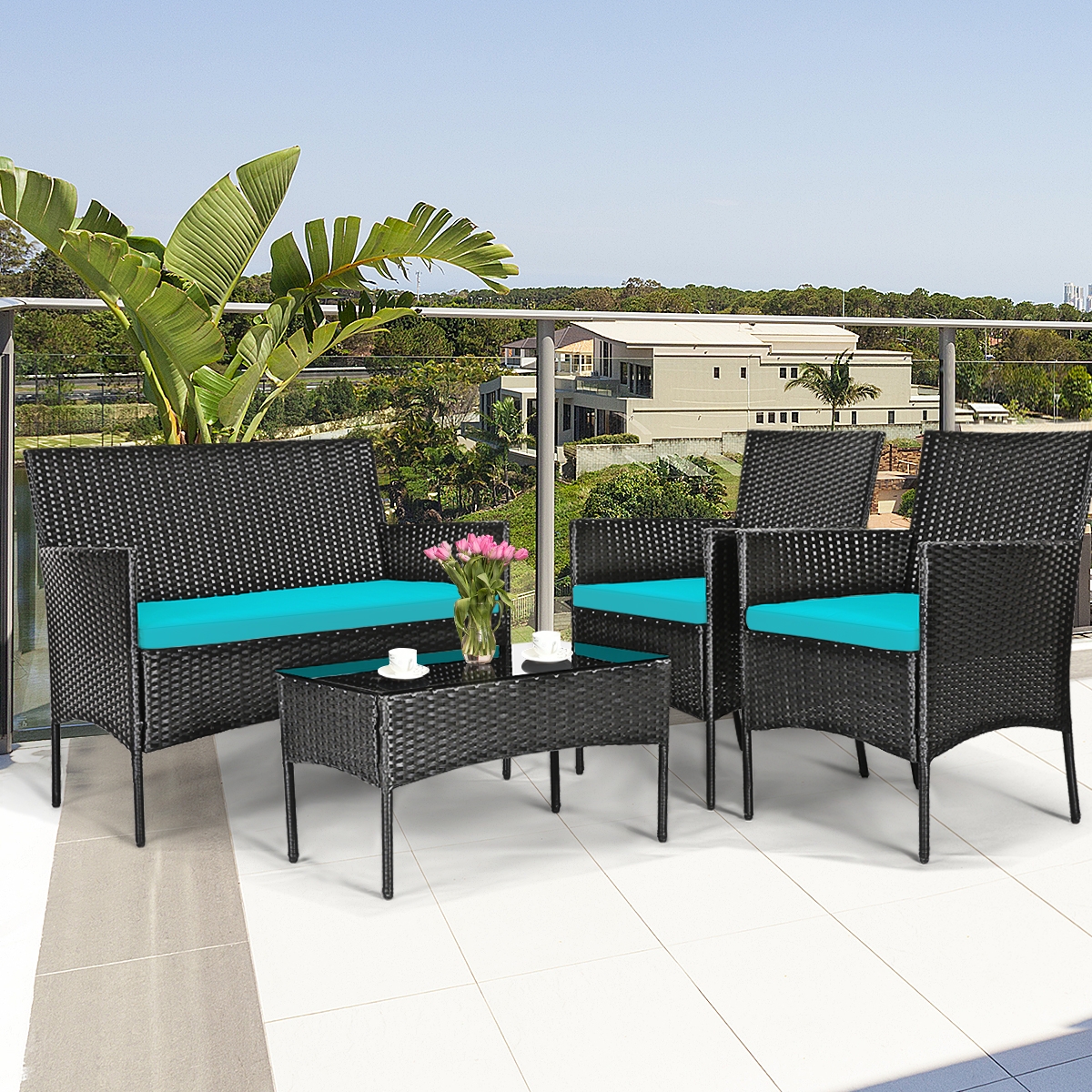 Mondawe 4 Pcs Patio Rattan Cushioned Sofa Furniture Set with Tempered Glass Coffee Table-Turquoise-Mondawe