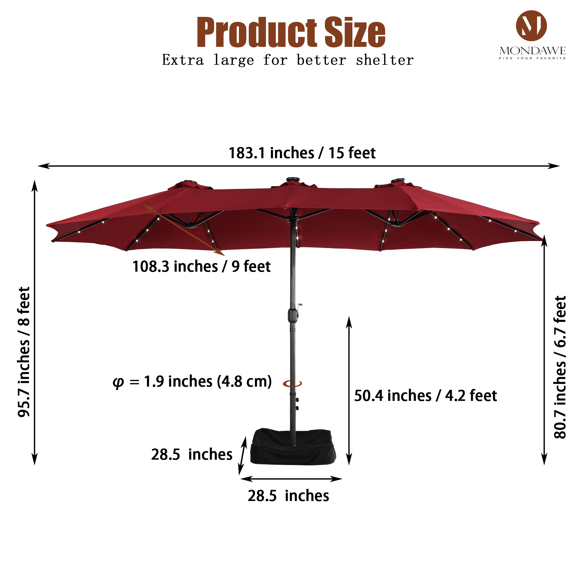 Mondawe 15ft Rectangular Patio Umbrella with Base and LED Lights-Mondawe